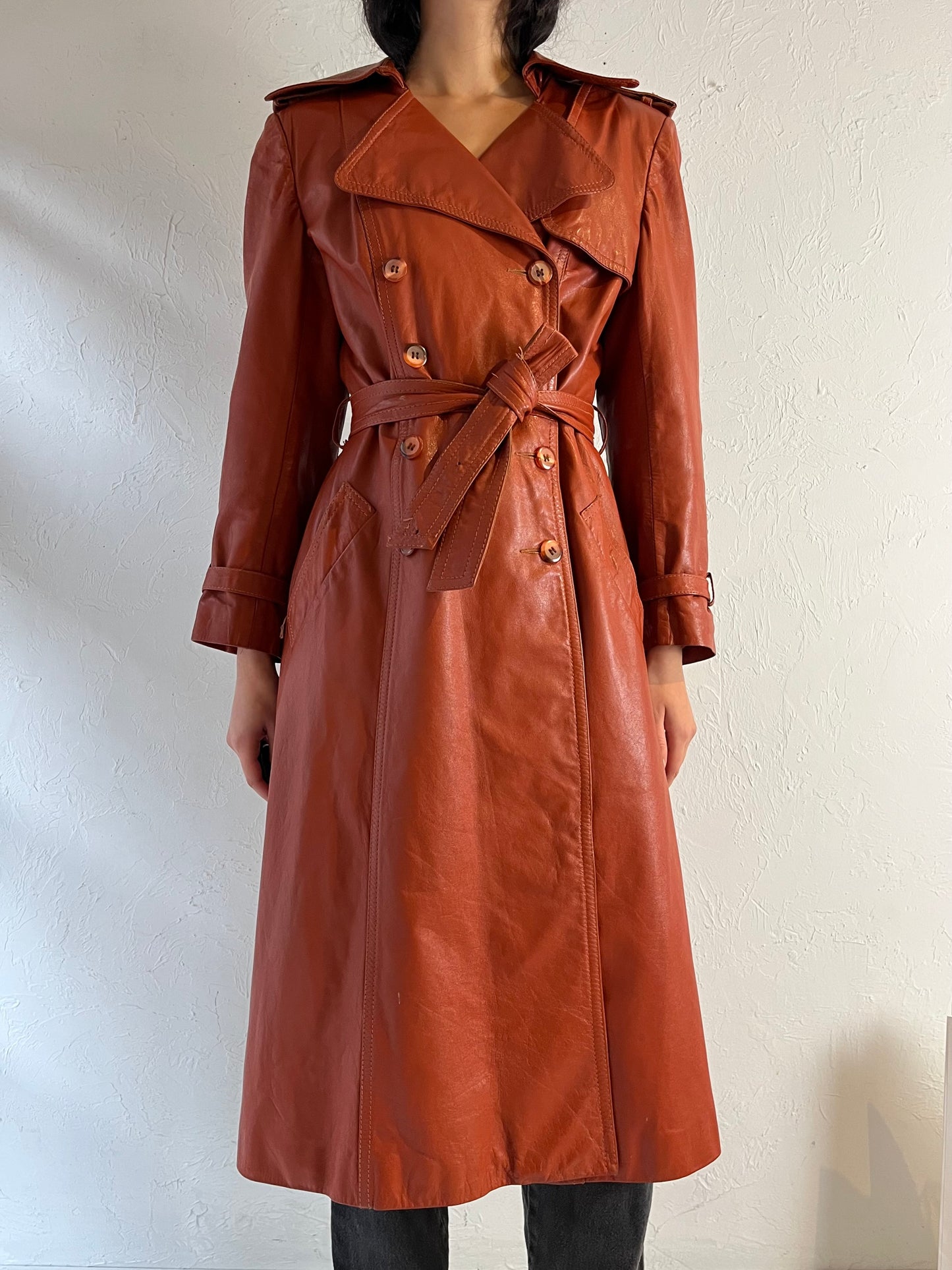 70s ‘Learsi’ Orange Leather Trench Coat / Small