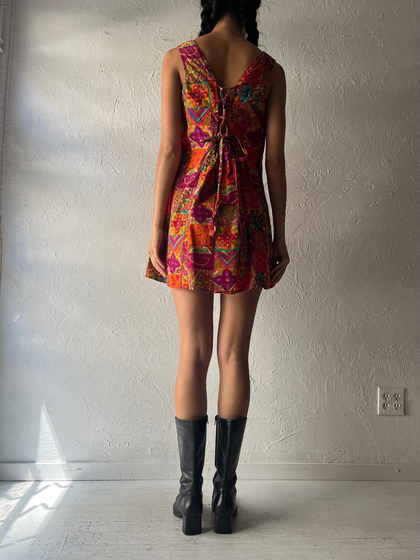 90s 'La Lingerie' Patterned Cotton Mini Dress / Medium