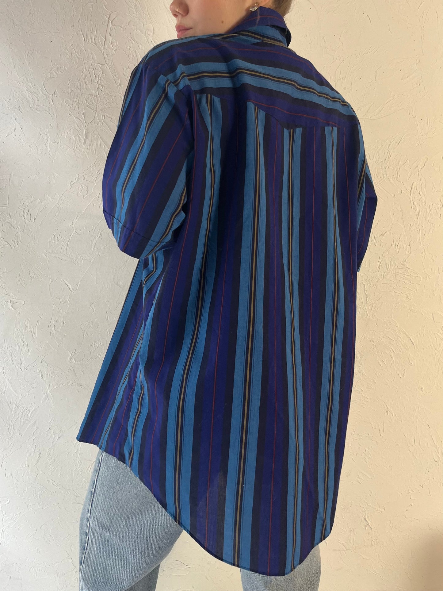 Y2k 'Ely' Blue Striped Pearl Snap Western Shirt / Large