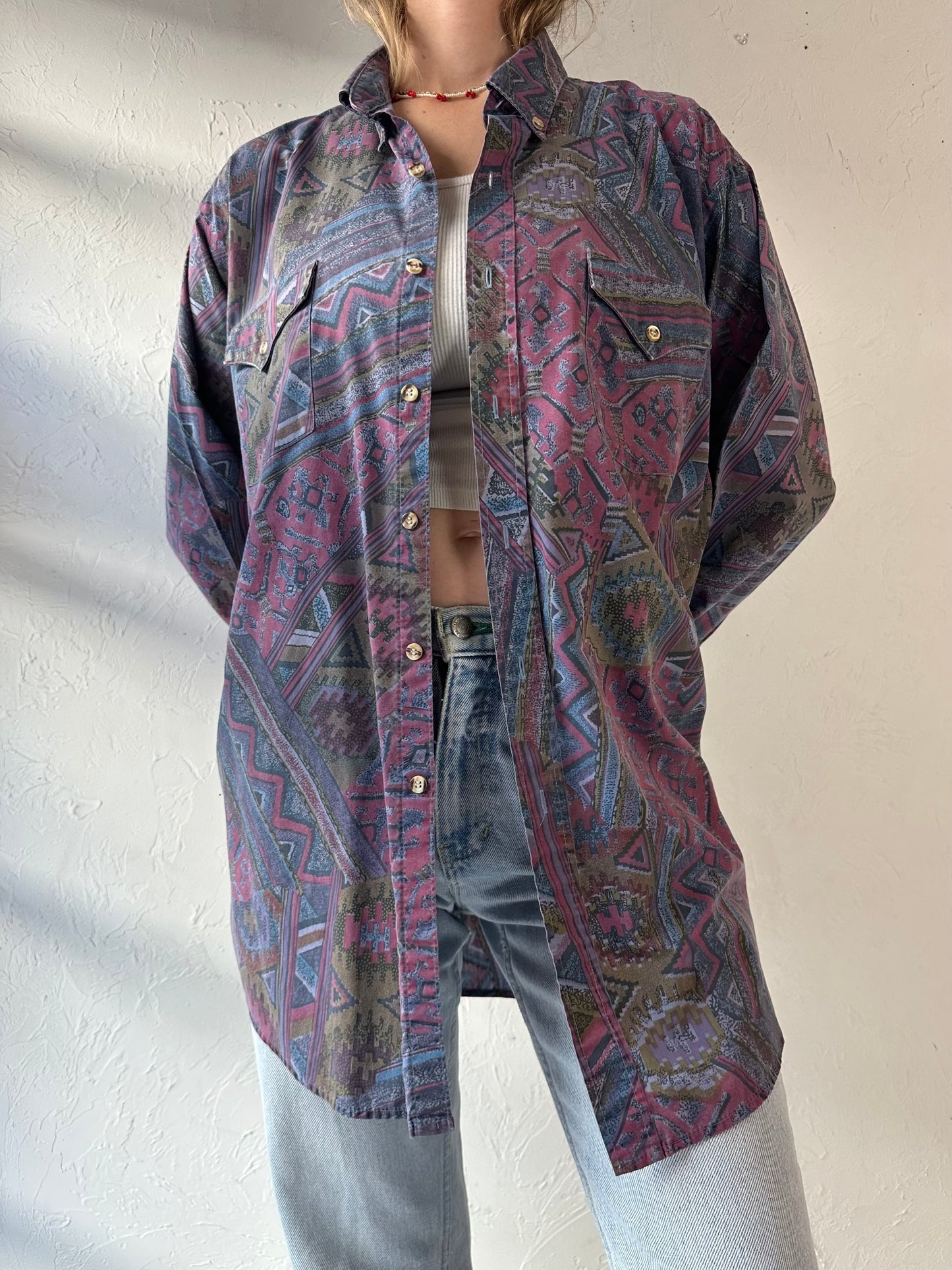 90s 'MWG' Purple Patterned Western Shirt / Large