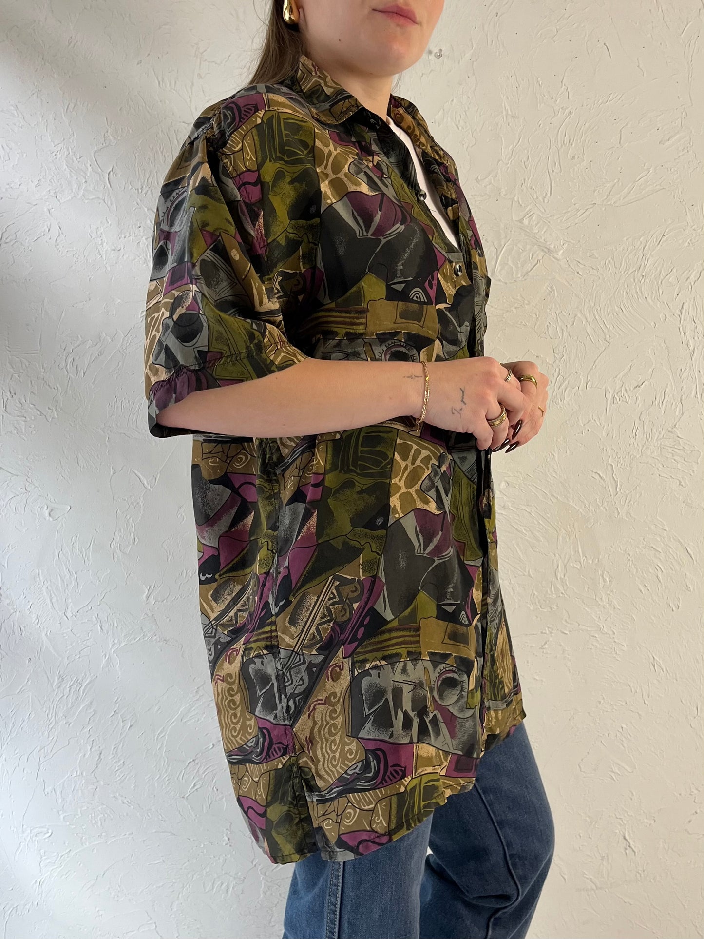 90s ‘Setosa’ Oversized Patterned Silk Blouse / Small