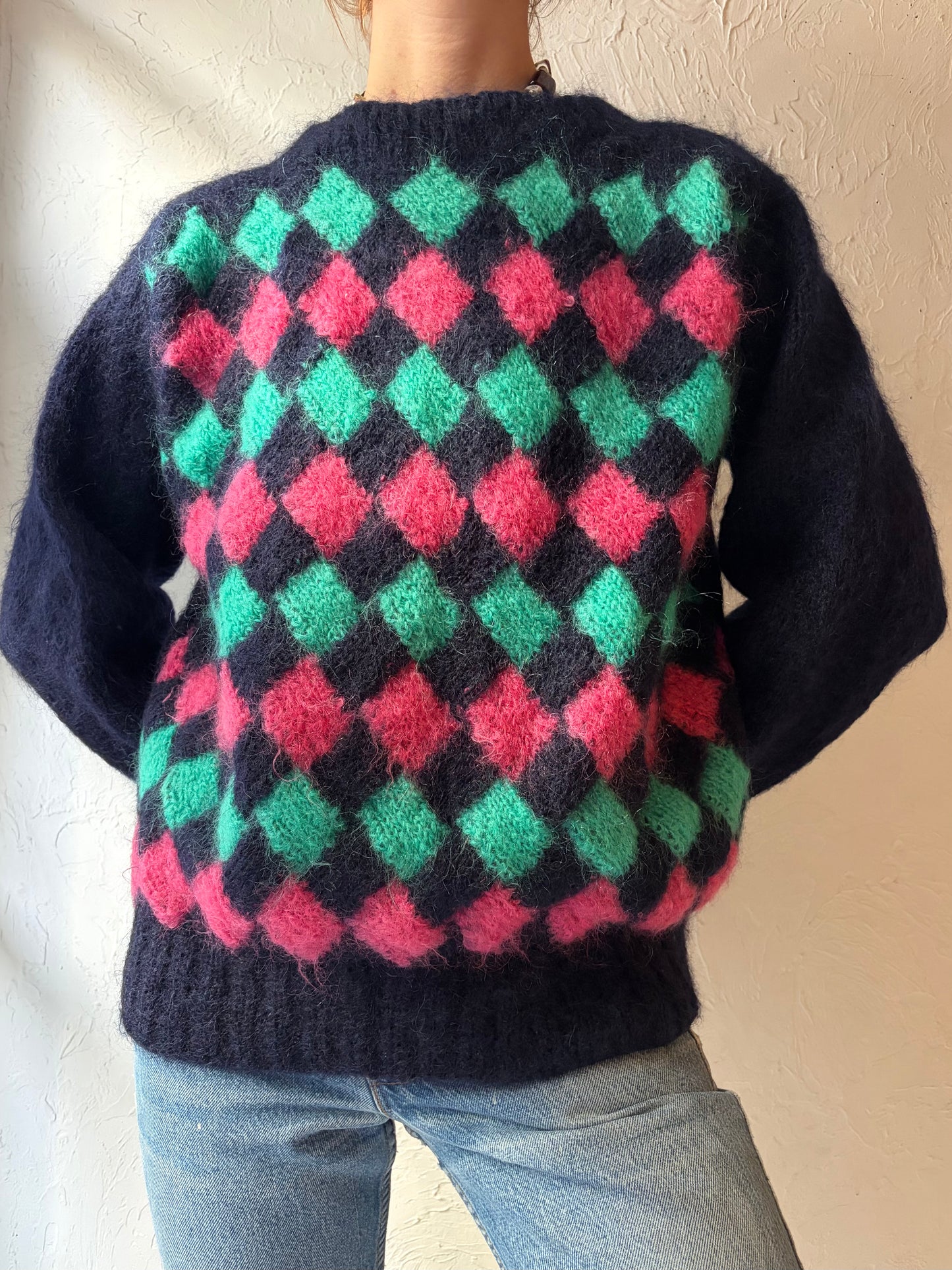 90s Handknit Patterned Mohair Crew Neck Sweater / Small