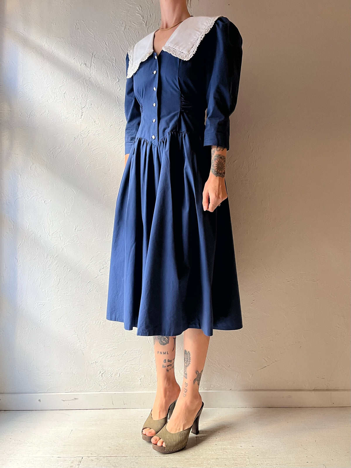 Vintage Handmade Blue Prairie Cottagecore Drop Waist Midi Dress / Small