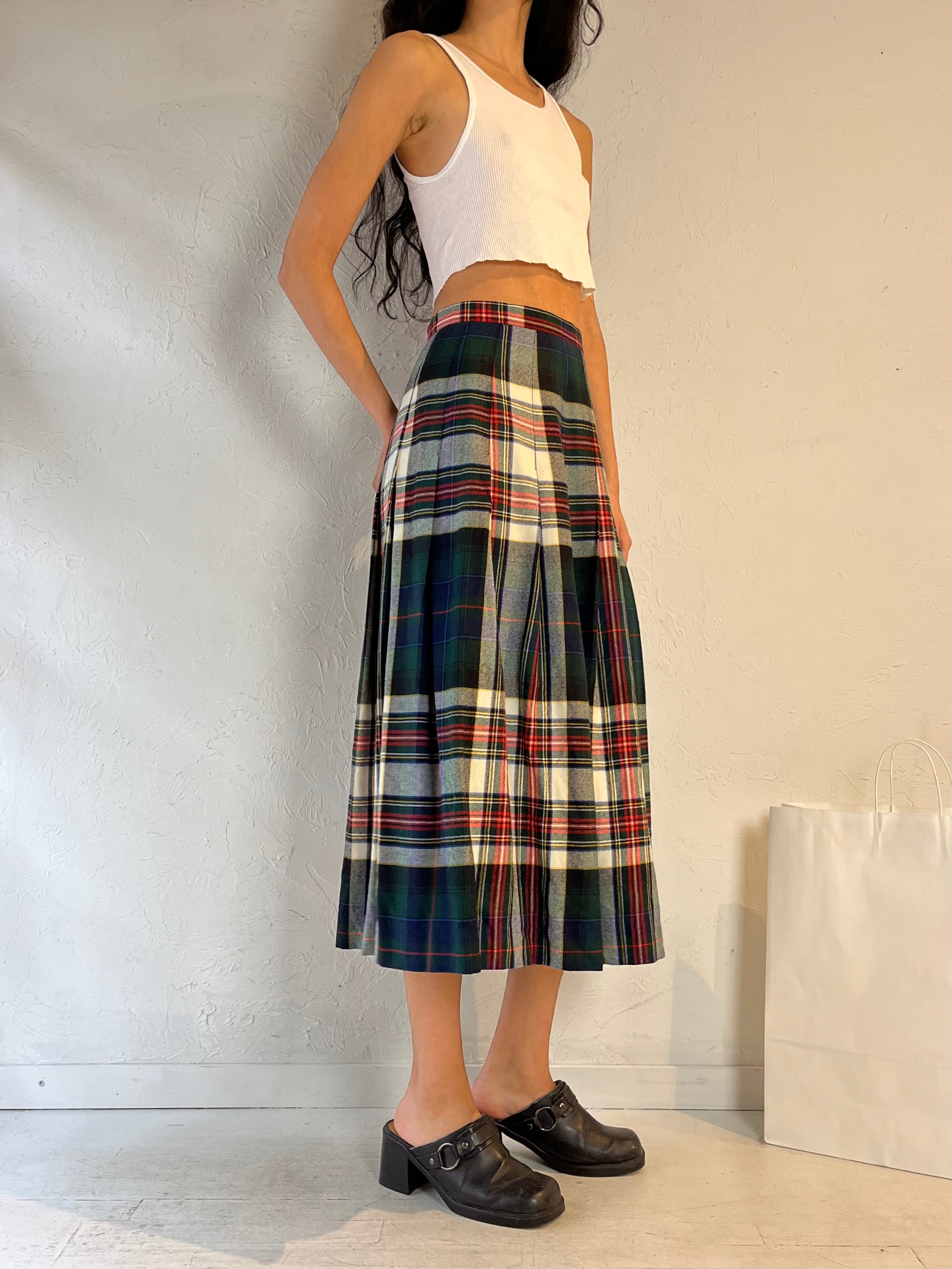 80s ‘Tica’ Plaid Wool Pleated Midi Skirt / Small