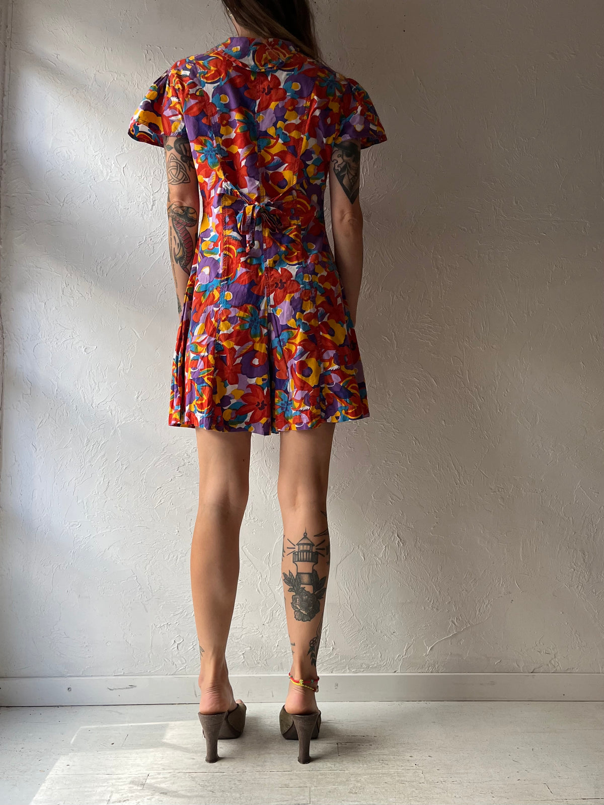 90s 'Fair Set' Multicolor Floral Mini Cotton Babydoll Cottagecore Summer Romper / Small