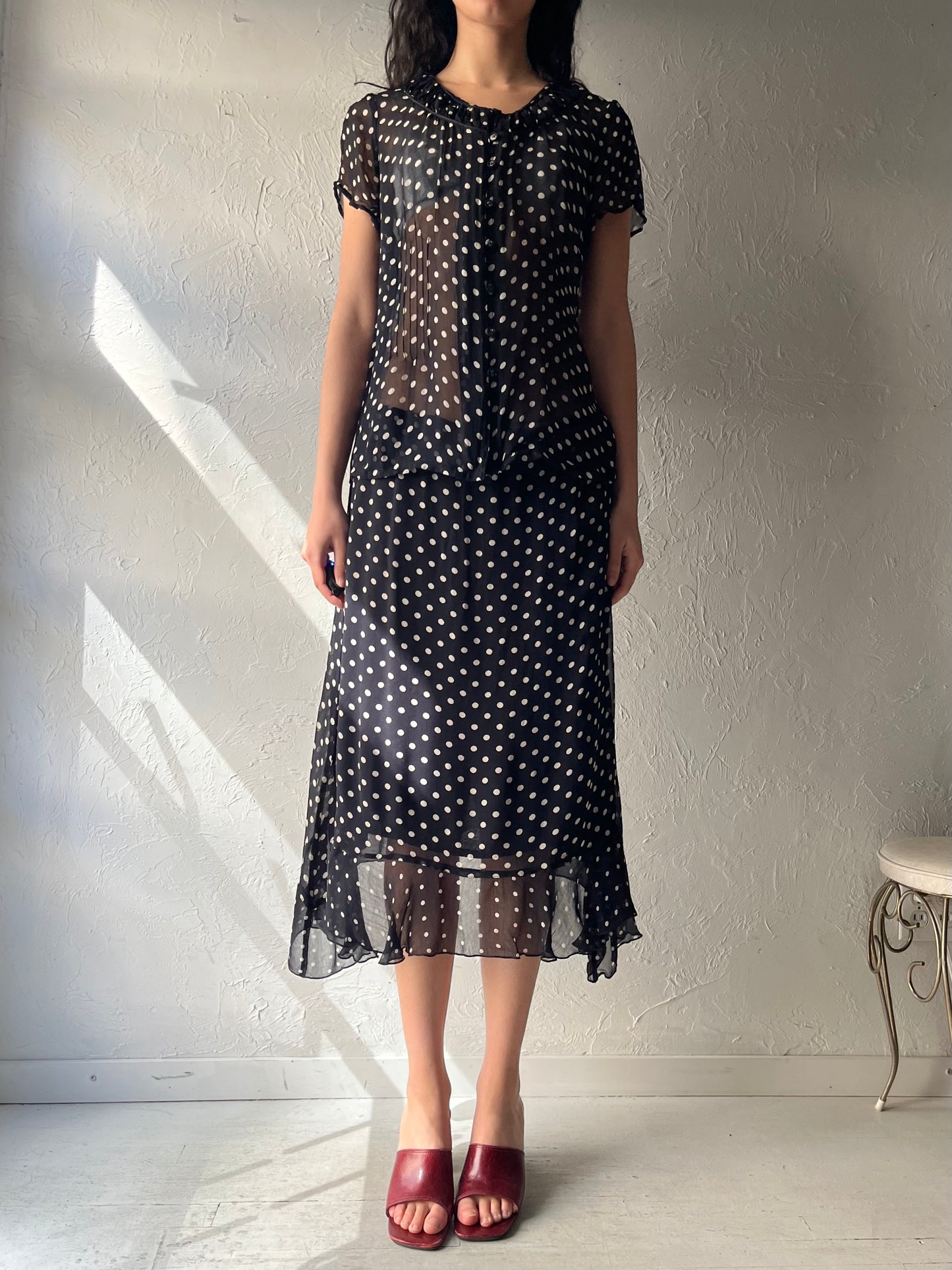 90s 'April Cornell' Polka Dot Rayon Skirt Blouse Set / Large