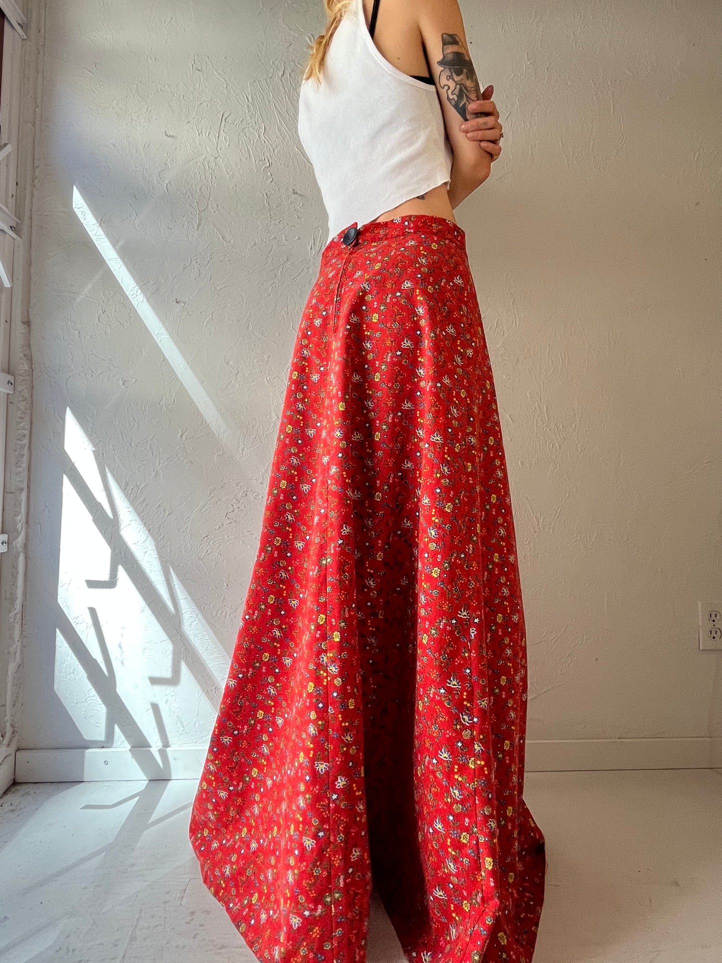 Vintage Handmade Orange Floral Print Maxi skirt / Medium