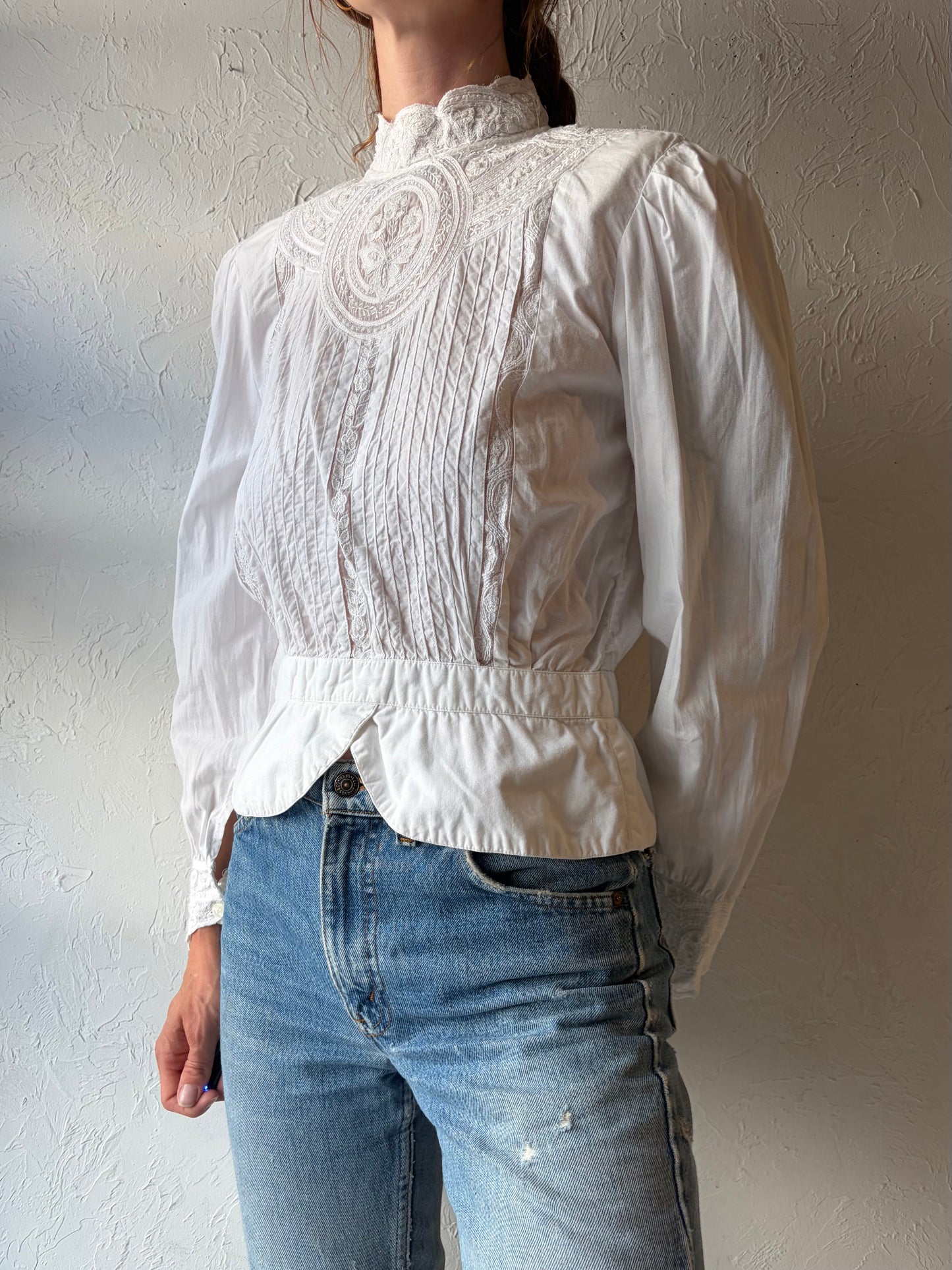 90s White Cotton High Neck Long Sleeve Top / Small
