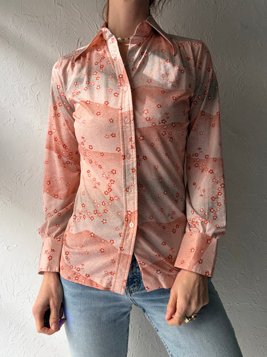 70s 'Elite' Vintage Retro Pink Floral Collared Blouse / Small
