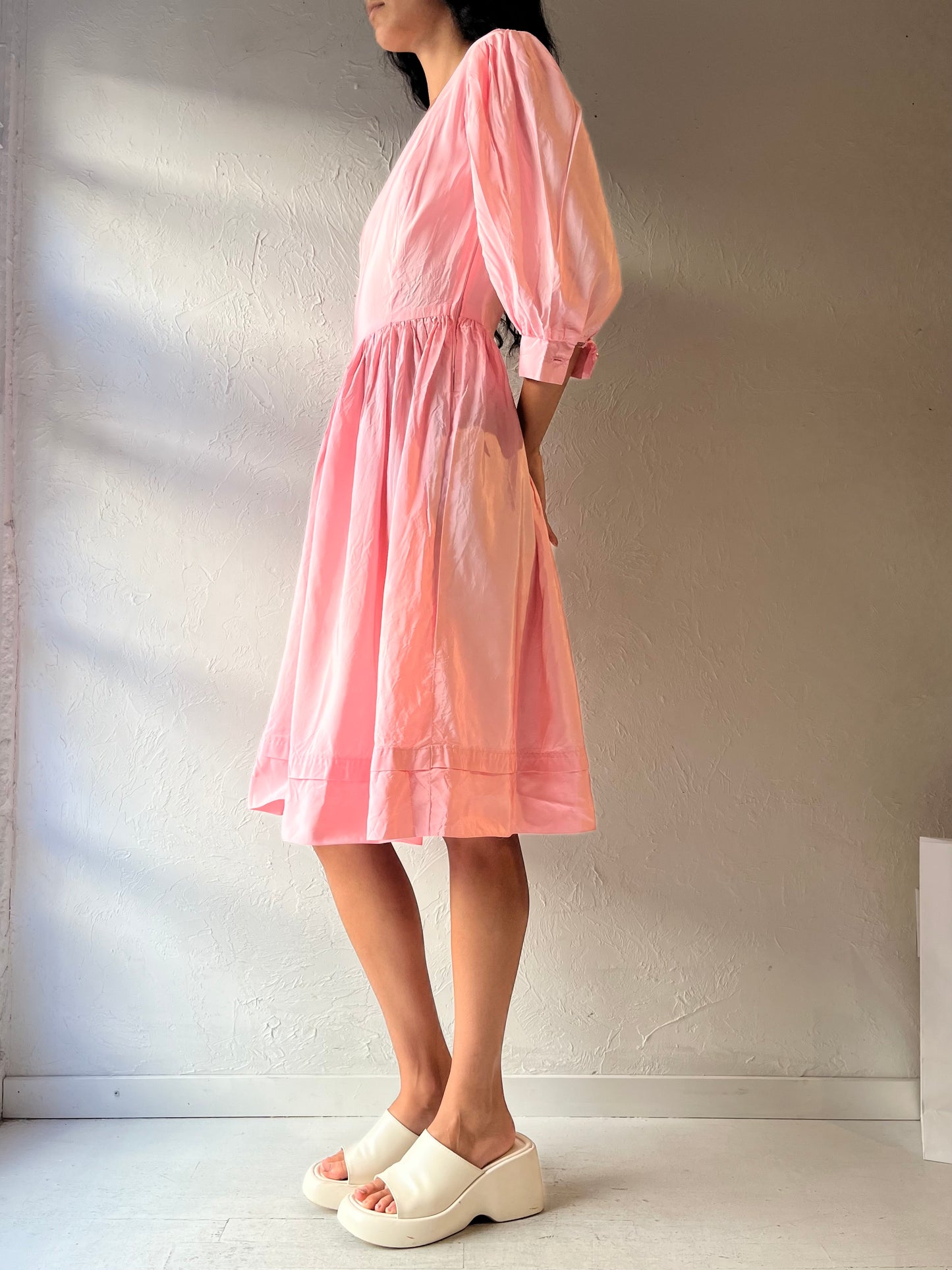 Vintage Handmade Pink Puff Sleeve Midi Dress / Small