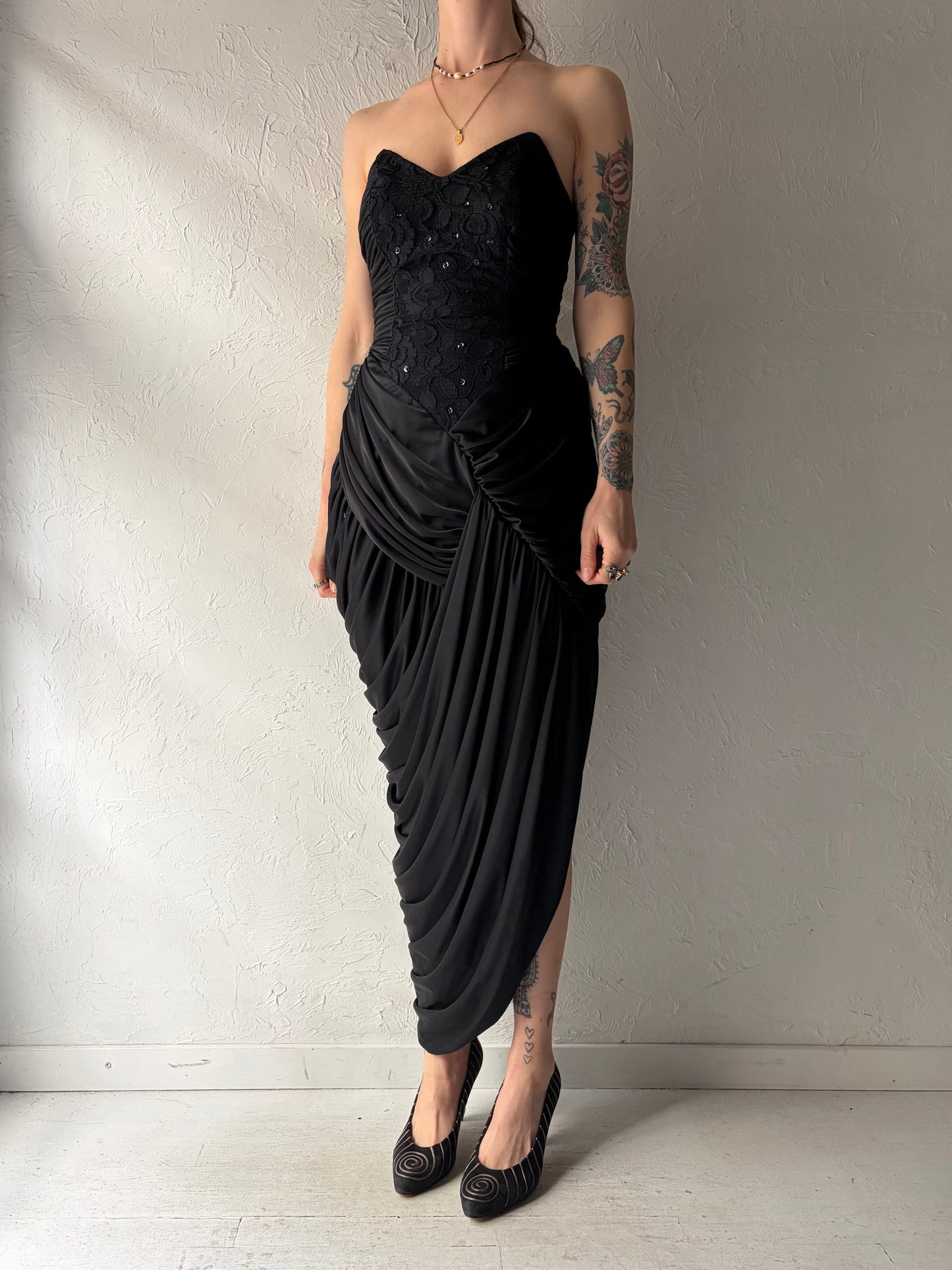 80s Strapless Black Formal 1980s Romanic Goth-core Prom Dress / Small