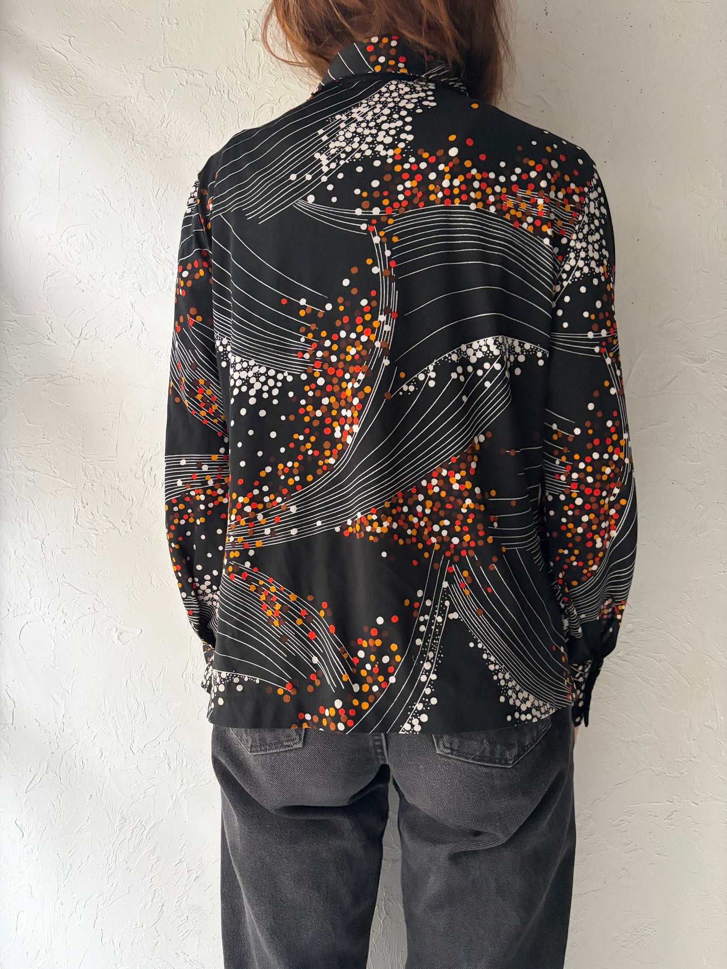 70s 'Exquisite' Black Patterned Retro Button Up Dress Shirt / Medium