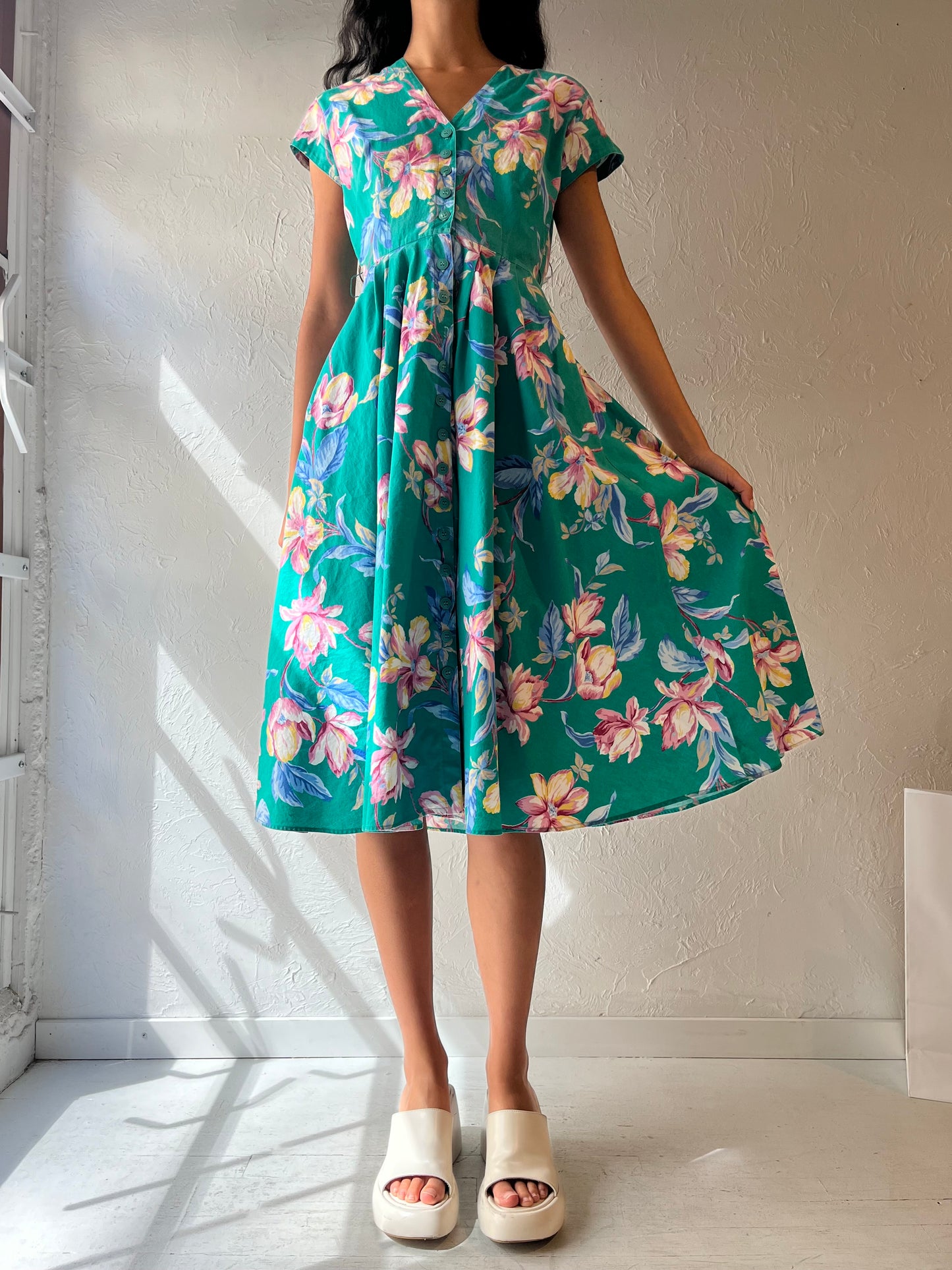 90s 'Carol Anderson' Blue Floral Cotton Midi Dress / Small