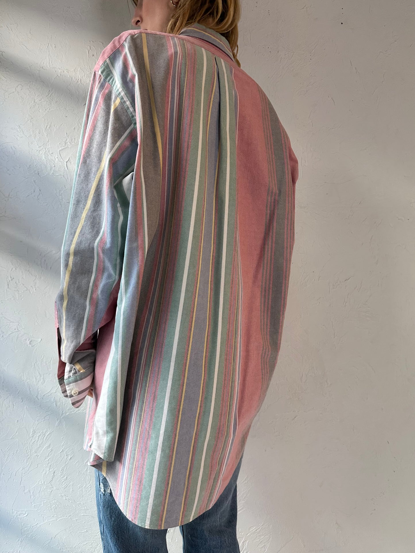 Y2k 'Ralph Lauren' Pastel Striped Button Up Mens Shirt / Large
