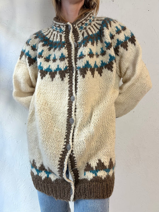 Vintage Hand Knit Wool Fair Isle Cardigan Sweater / Large