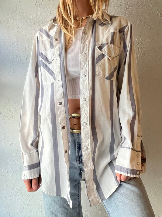 80s ‘MWG’ White Striped Pearl Snap Shirt / Medium
