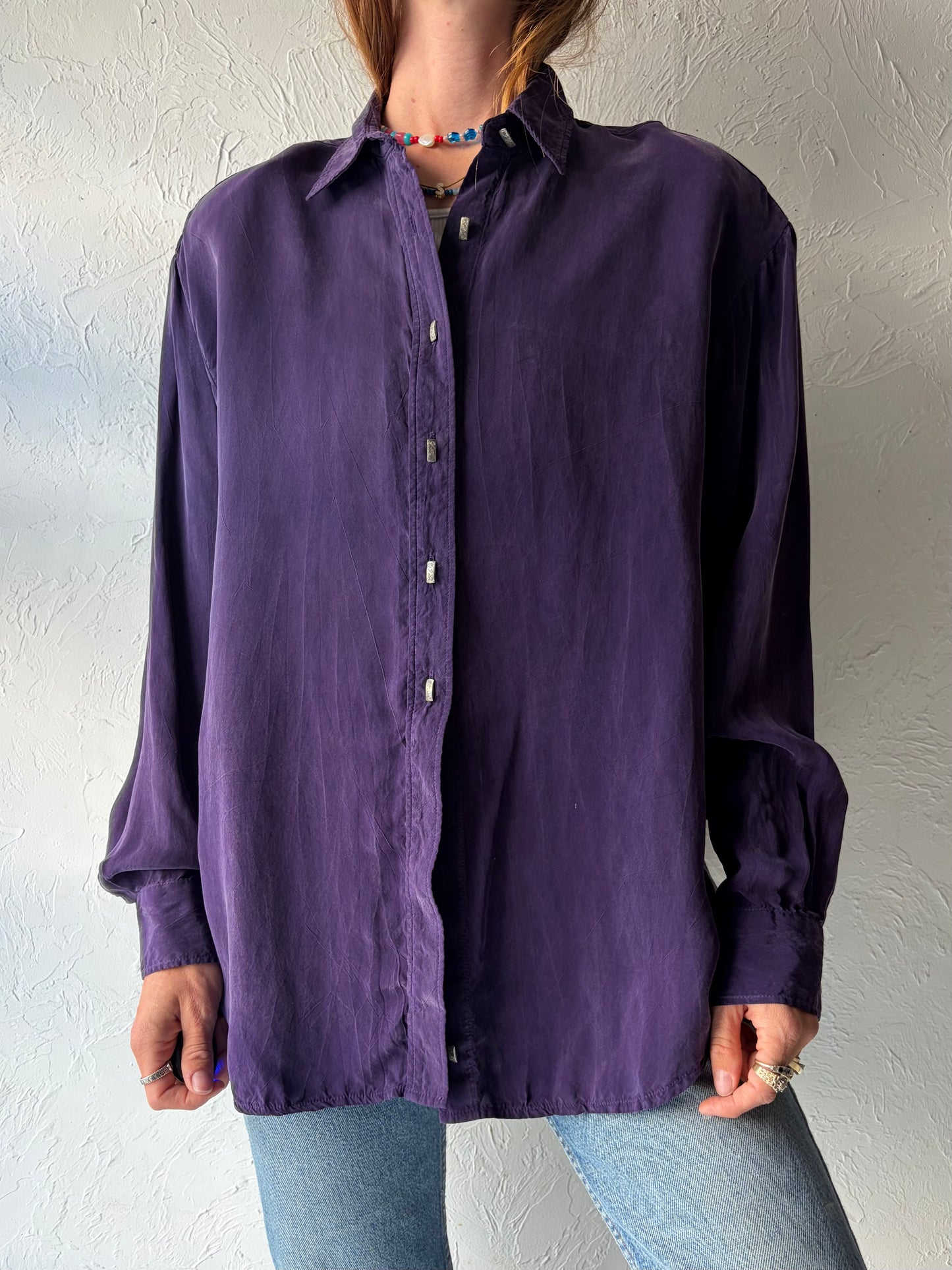 90s 'Long Horn' Purple Normcore Western Minimalist Button Up Cowgirl Shirt / Large