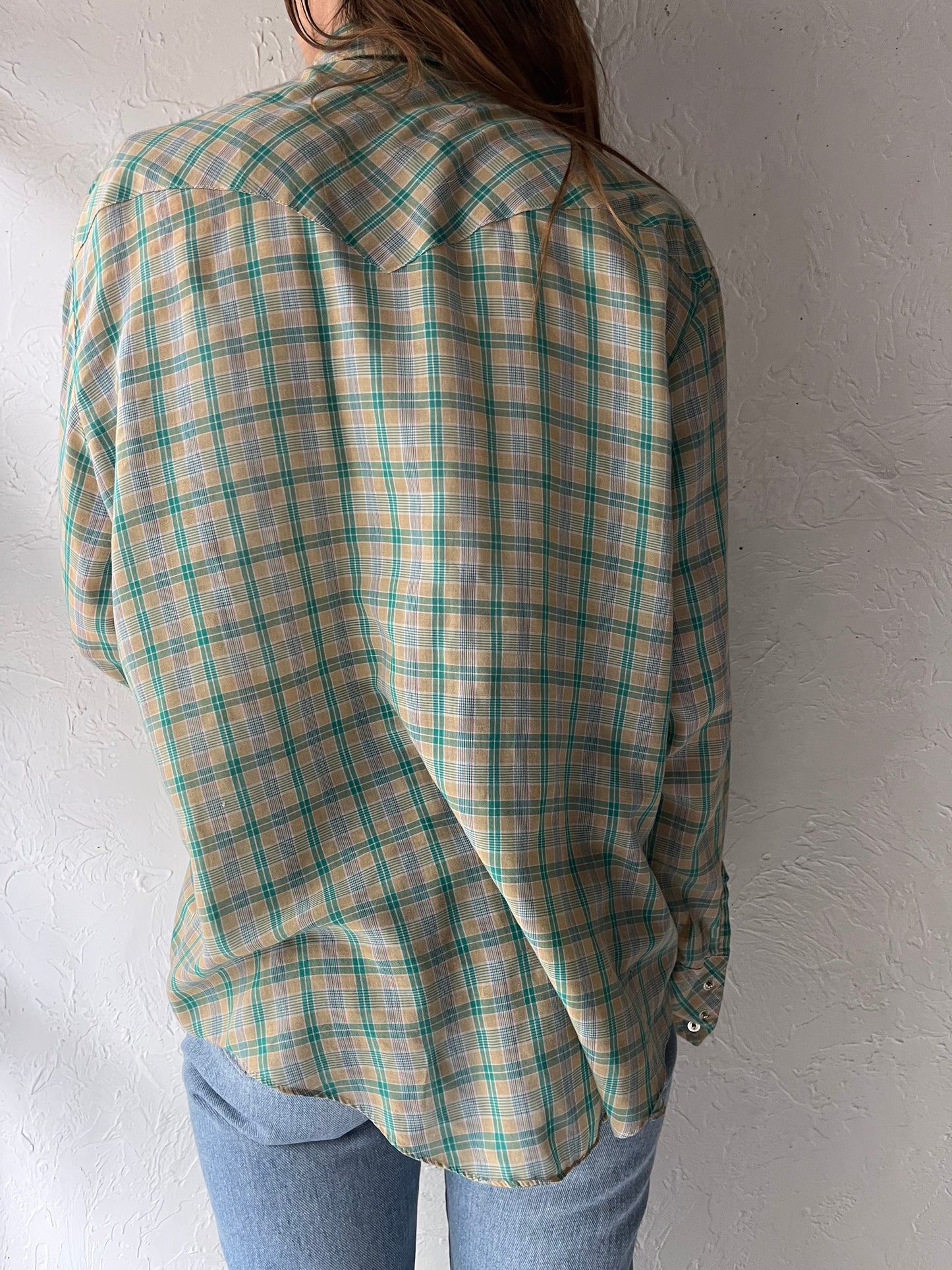 70s 'Kmart' Green Retro Plaid Pearl Snap Western Shirt / Large
