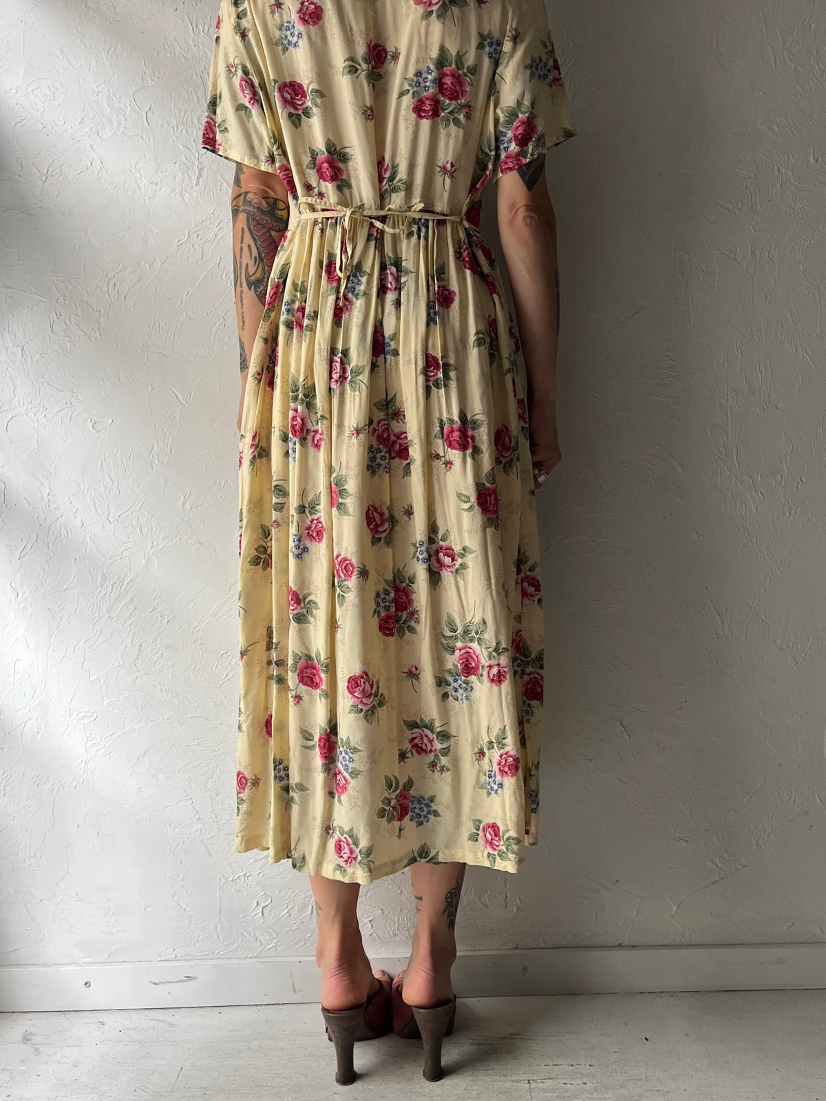 Vintage 'Erika' Yellow Floral Print Rayon Dress / Large