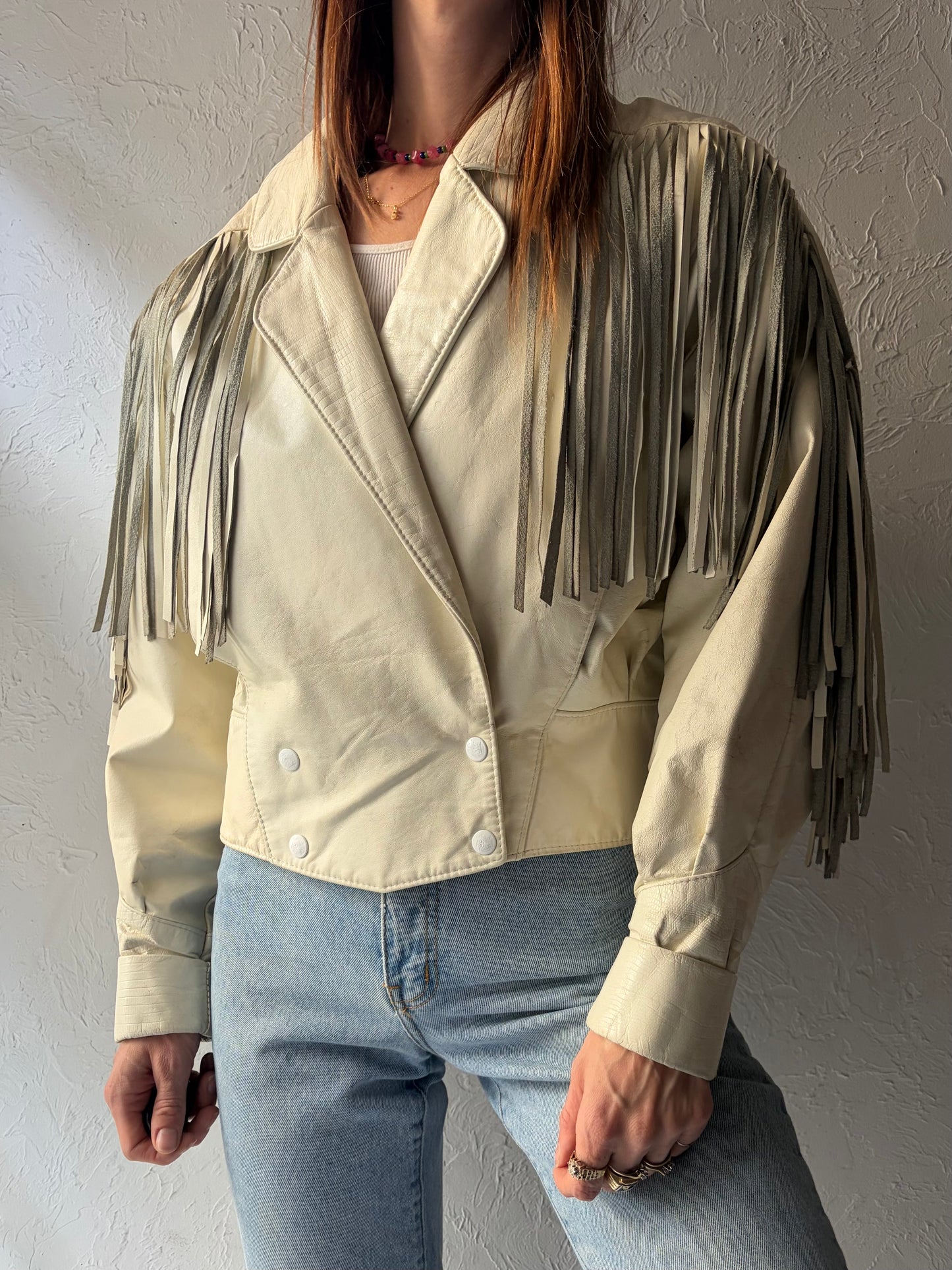 80s 'The Leather Ranch' White Leather Fringe Western Bomber Jacket / Vintage Retro Cowgirl Cropped Jacket / Small