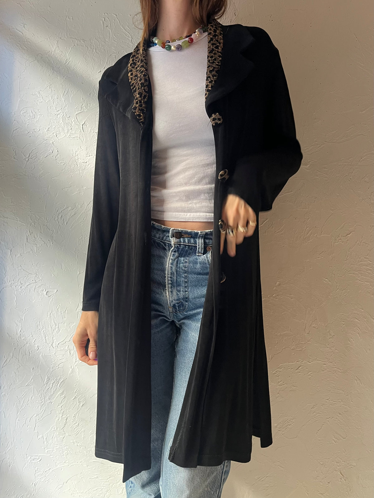 90s ‘Artex Collection’ Black Leopard Collar Duster Animal Print Long Jacket / Medium