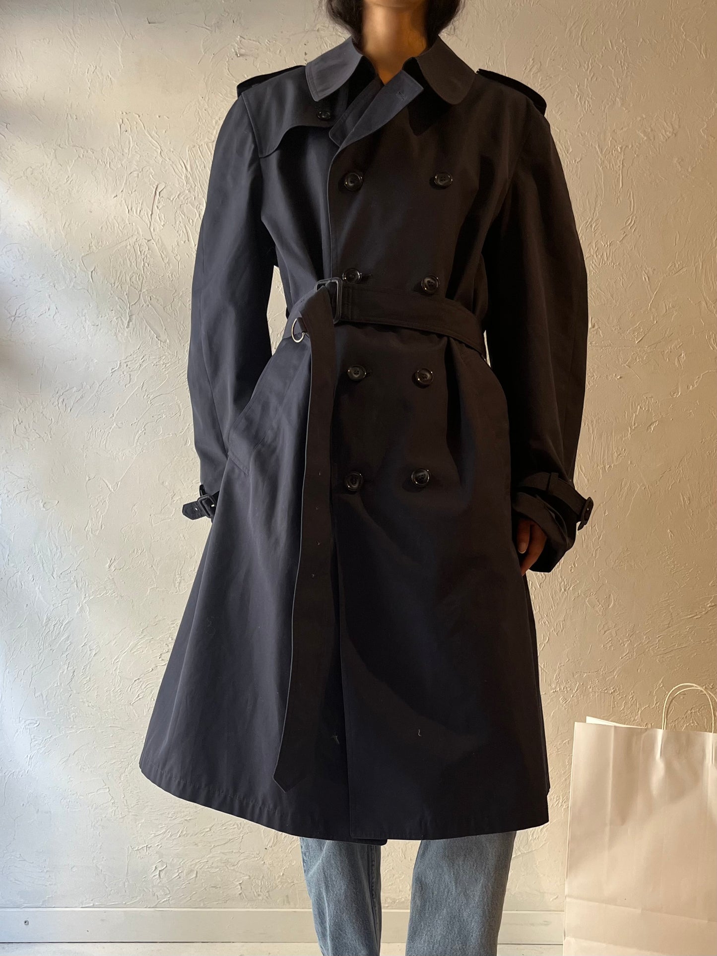 90s 'London Fog' Navy Blue Trench Coat / Large