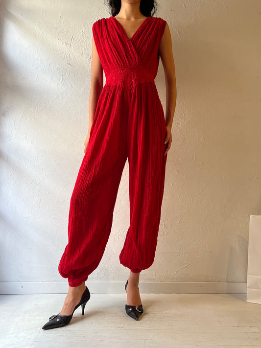 90s ‘Eva’ Red Crinkle Jumpsuit / Small