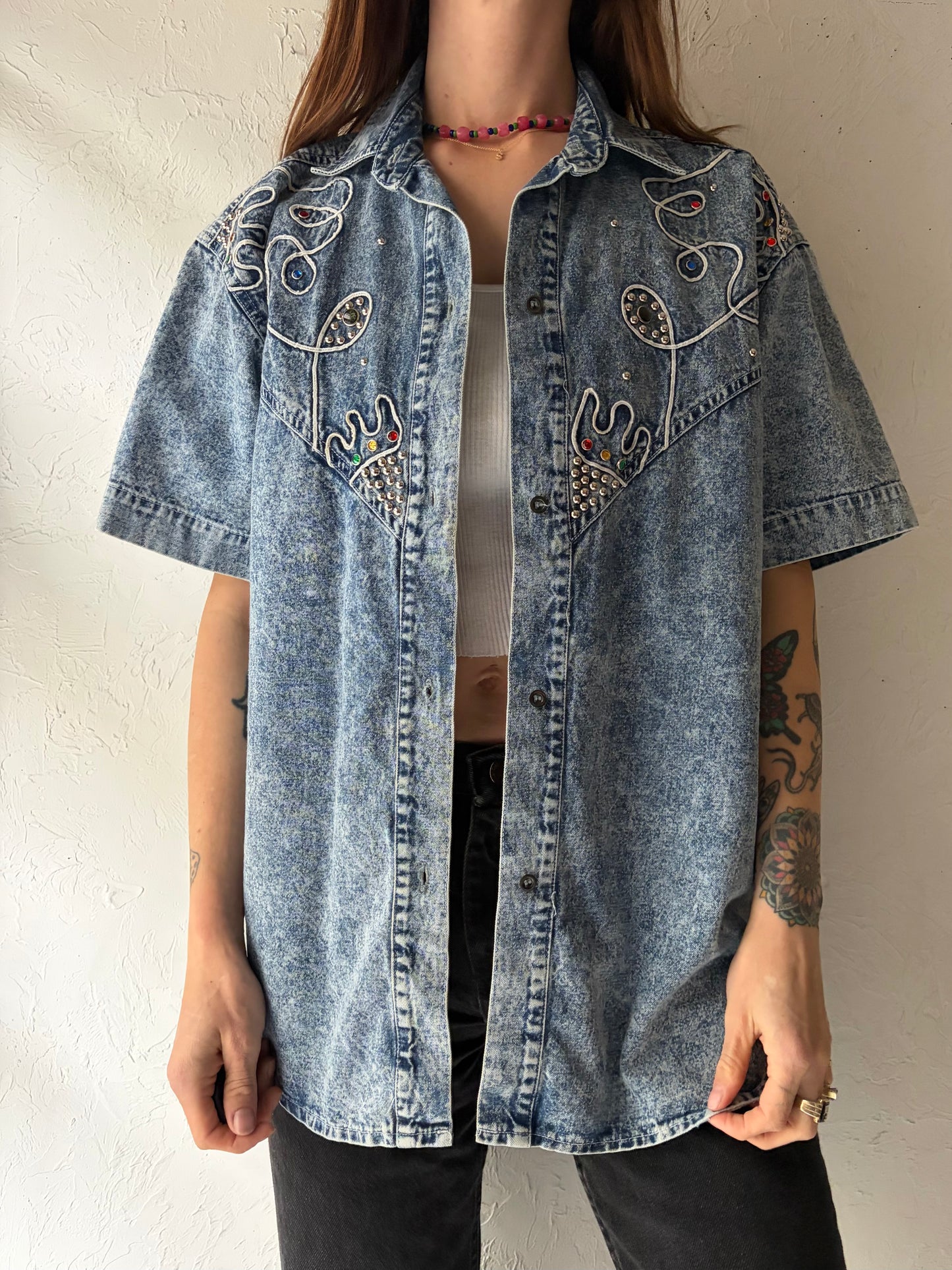 Vintage Retro Acid Wash Denim Short Sleeve Shirt / Medium