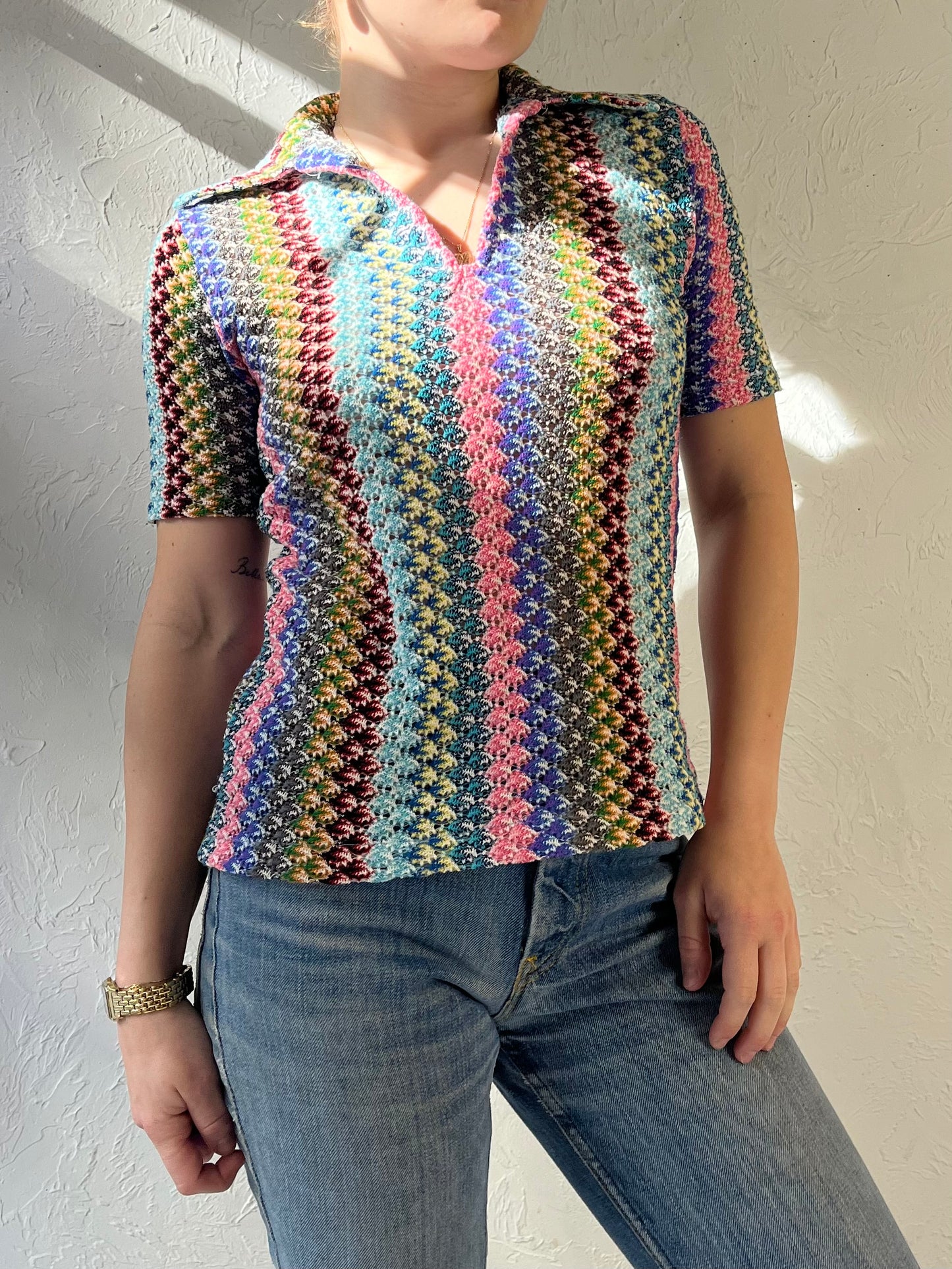 Vintage Rainbow Knit Collared top / Small