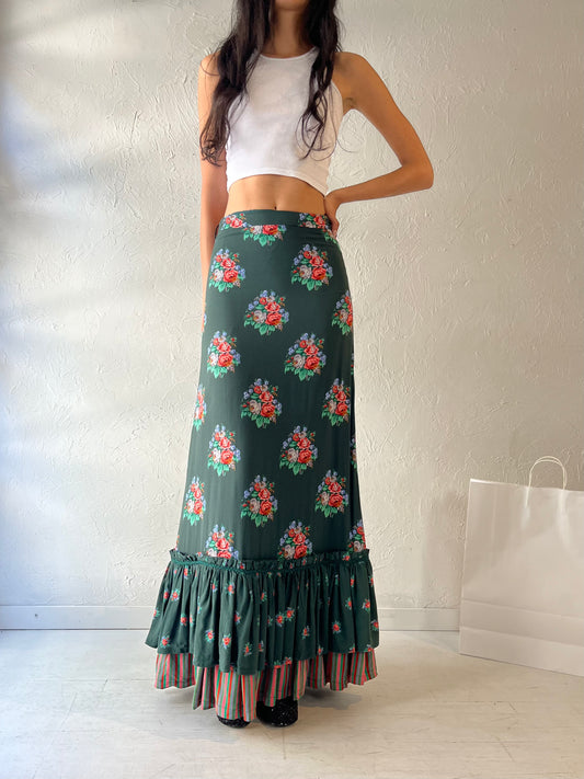 90s 'Ralph' Green Floral Maxi Skirt / Small