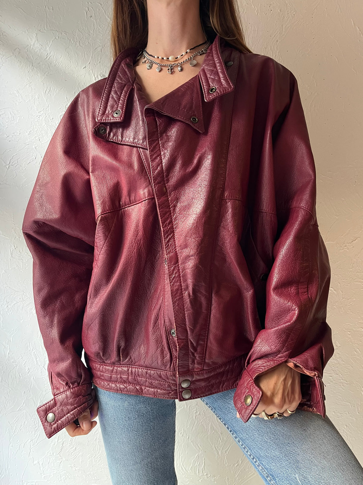 80s Burgundy Leather Jacket / Large