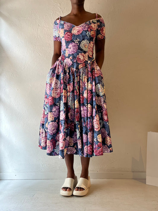 90s 'Robbie Bee' Floral Print Midi Dress / Medium