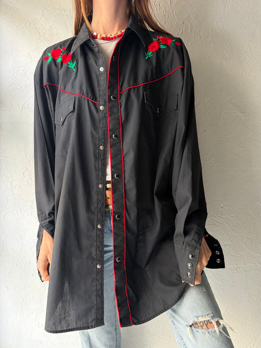 Vintage 'Ash Creek' Rose Embroidered Black Western Shirt / Large
