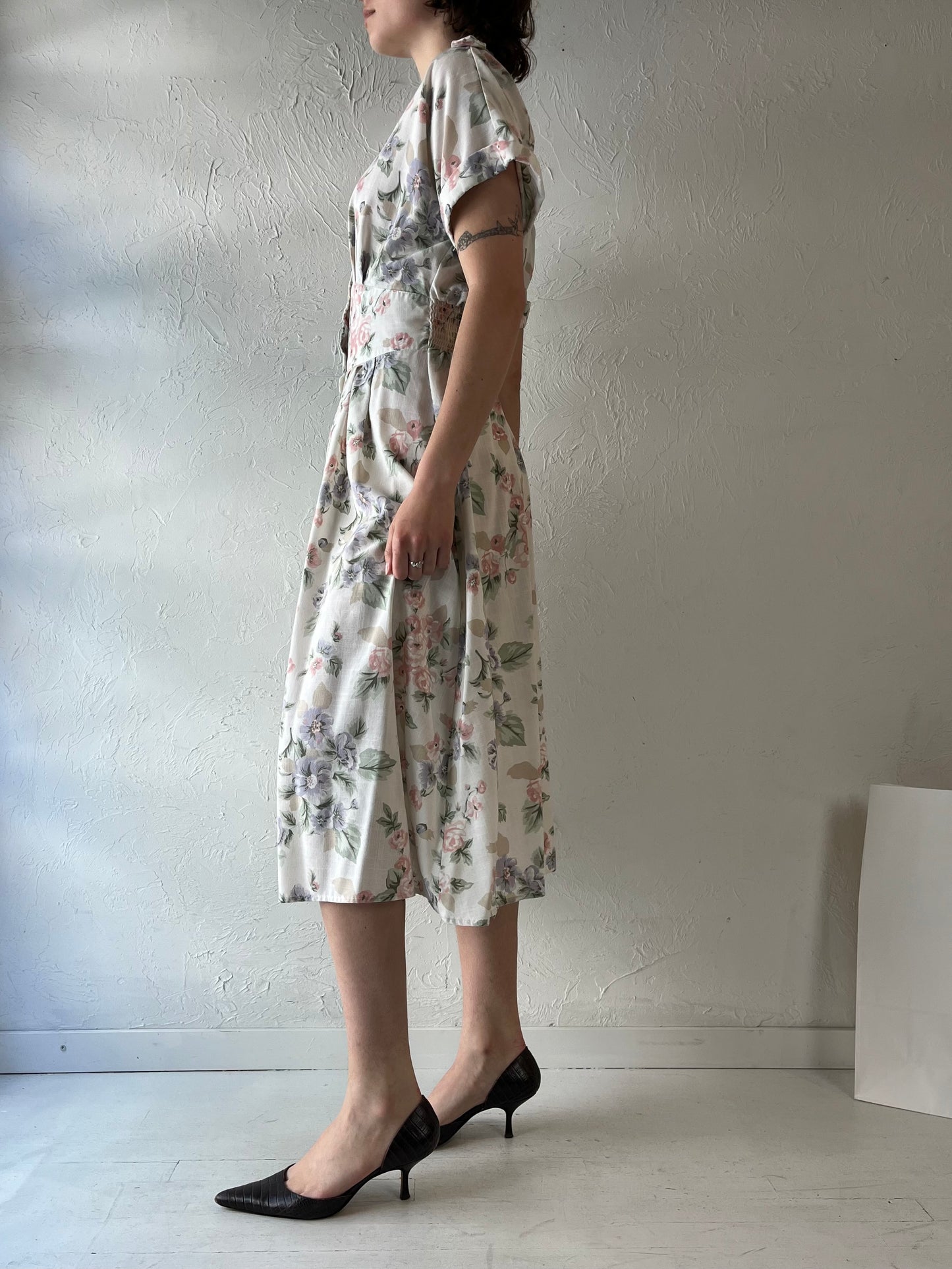 90s 'Stuart Alan' Collared Floral Print Dress / Small