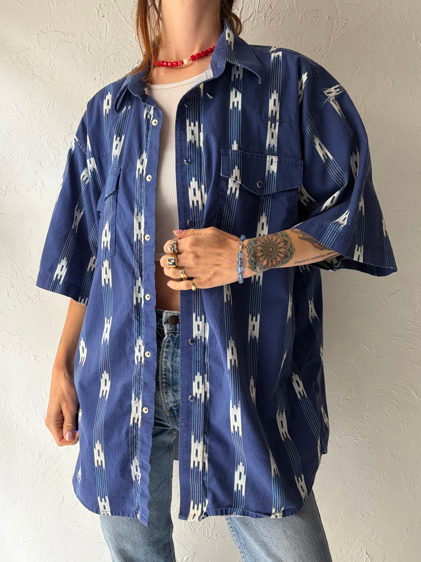 90s 'Wrangler' Western Short Sleeve Snap Up Shirt / Large