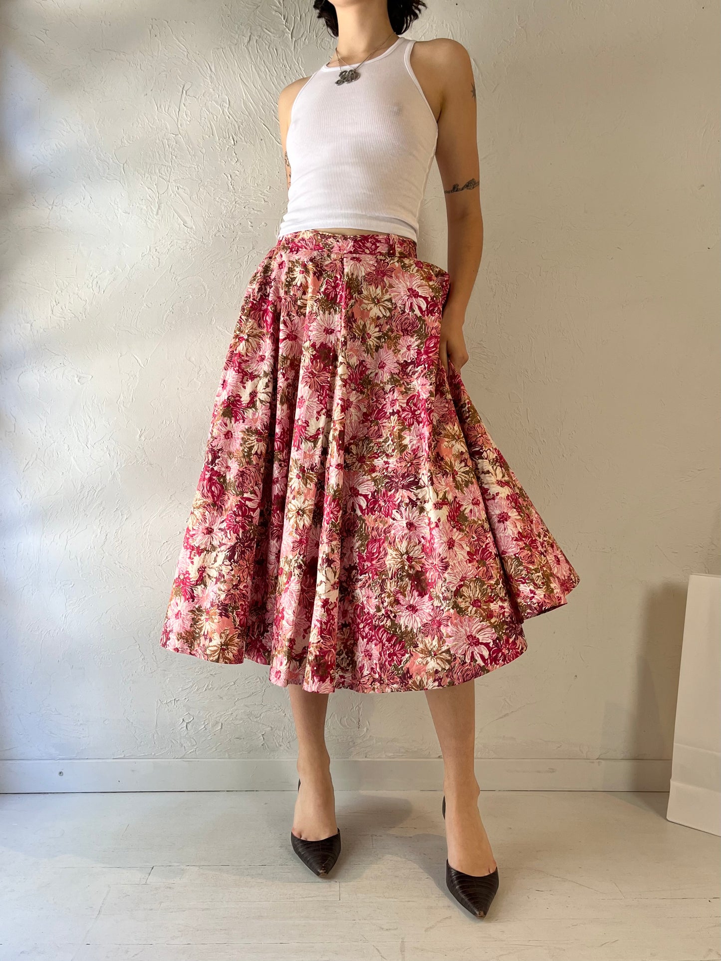 Vintage Handmade Pink Floral Midi Skirt / Small