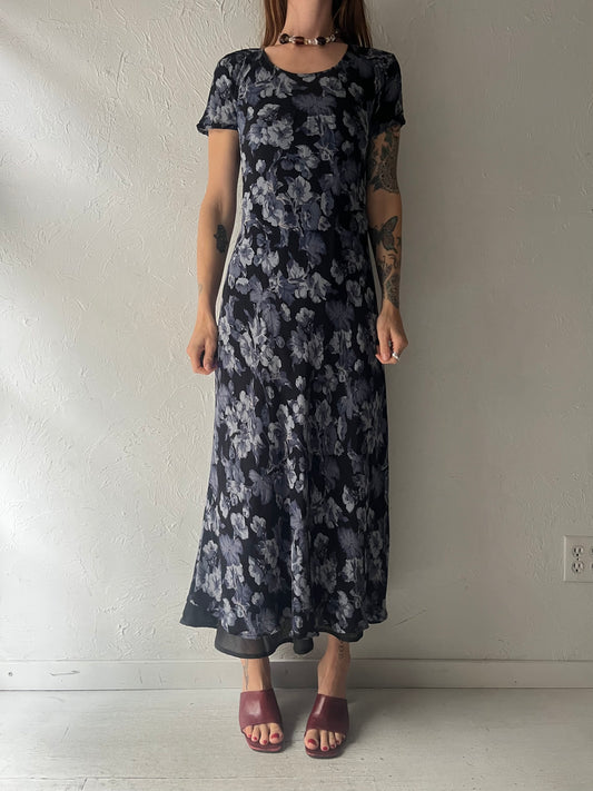 90s 'Jones & Co' Blue Floral Romanic Grungecore Goth Maxi Dress / Medium