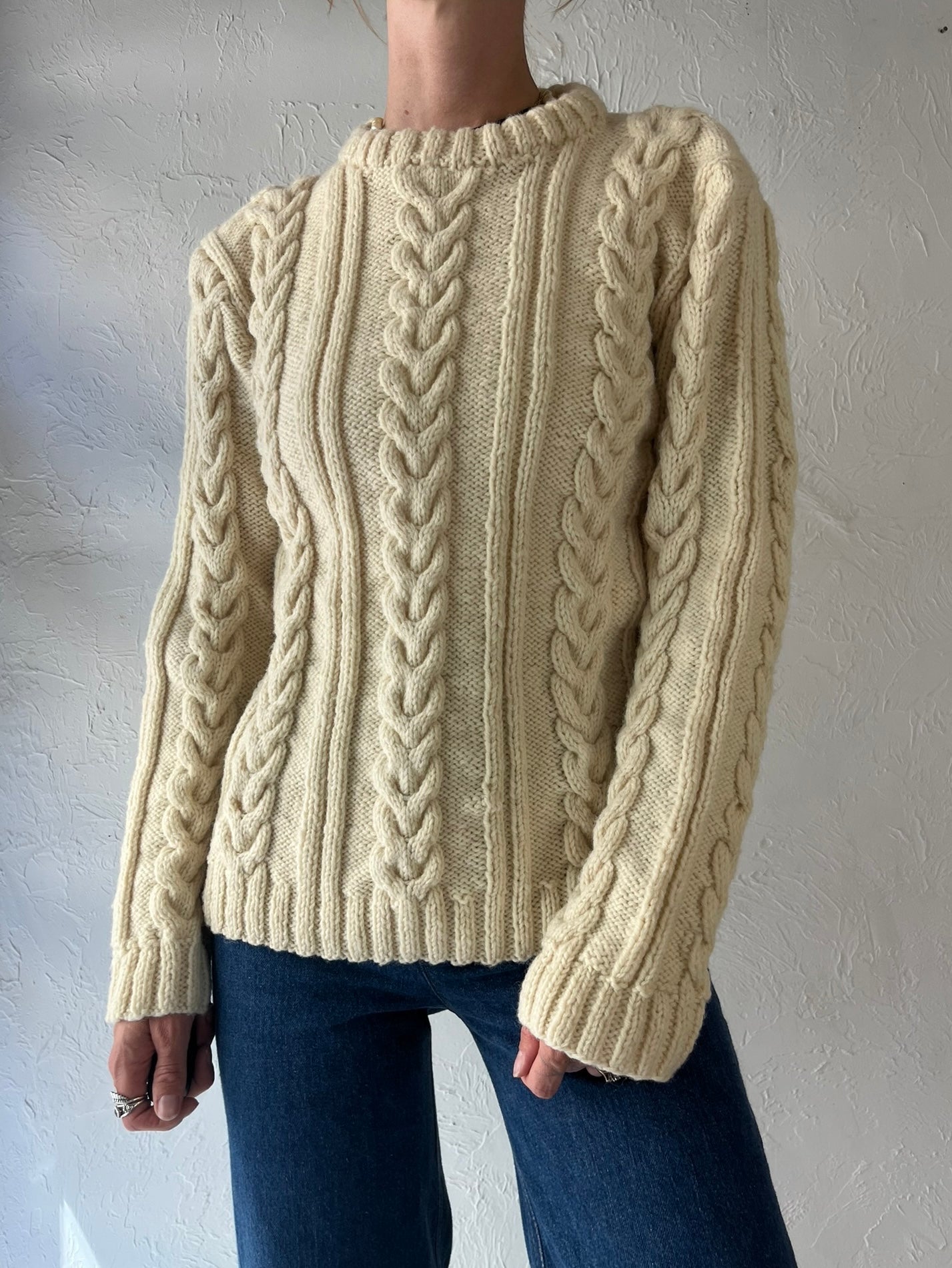 Vintage Mock Neck Cream Cable Knit Acrylic Wool Blend Sweater / Small