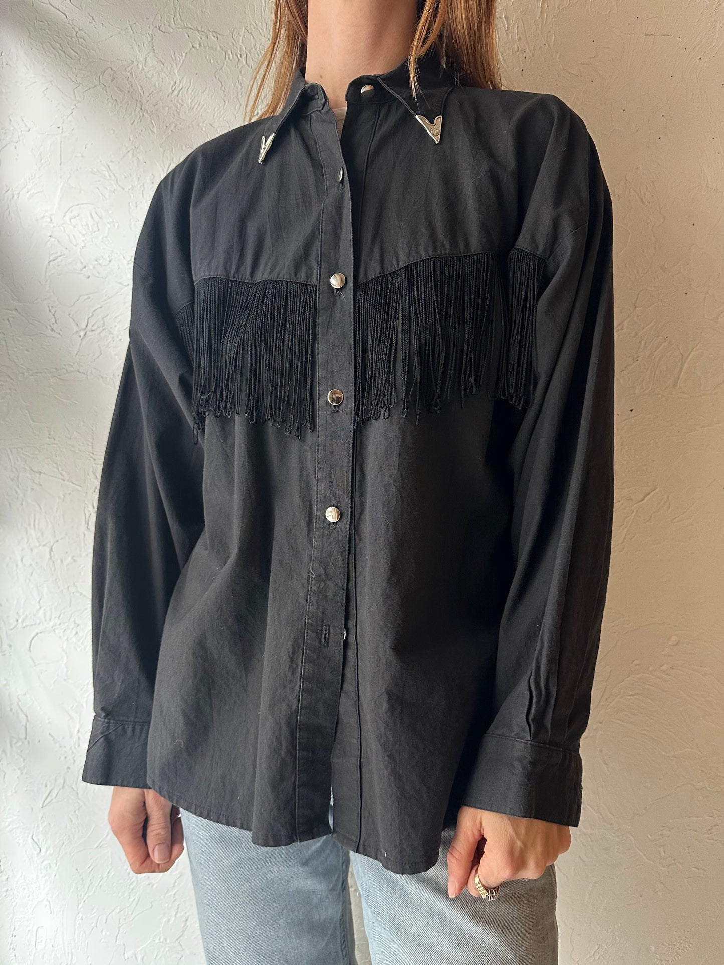 80s 'Lila Suilty' Black Western Fringe Shirt / Large