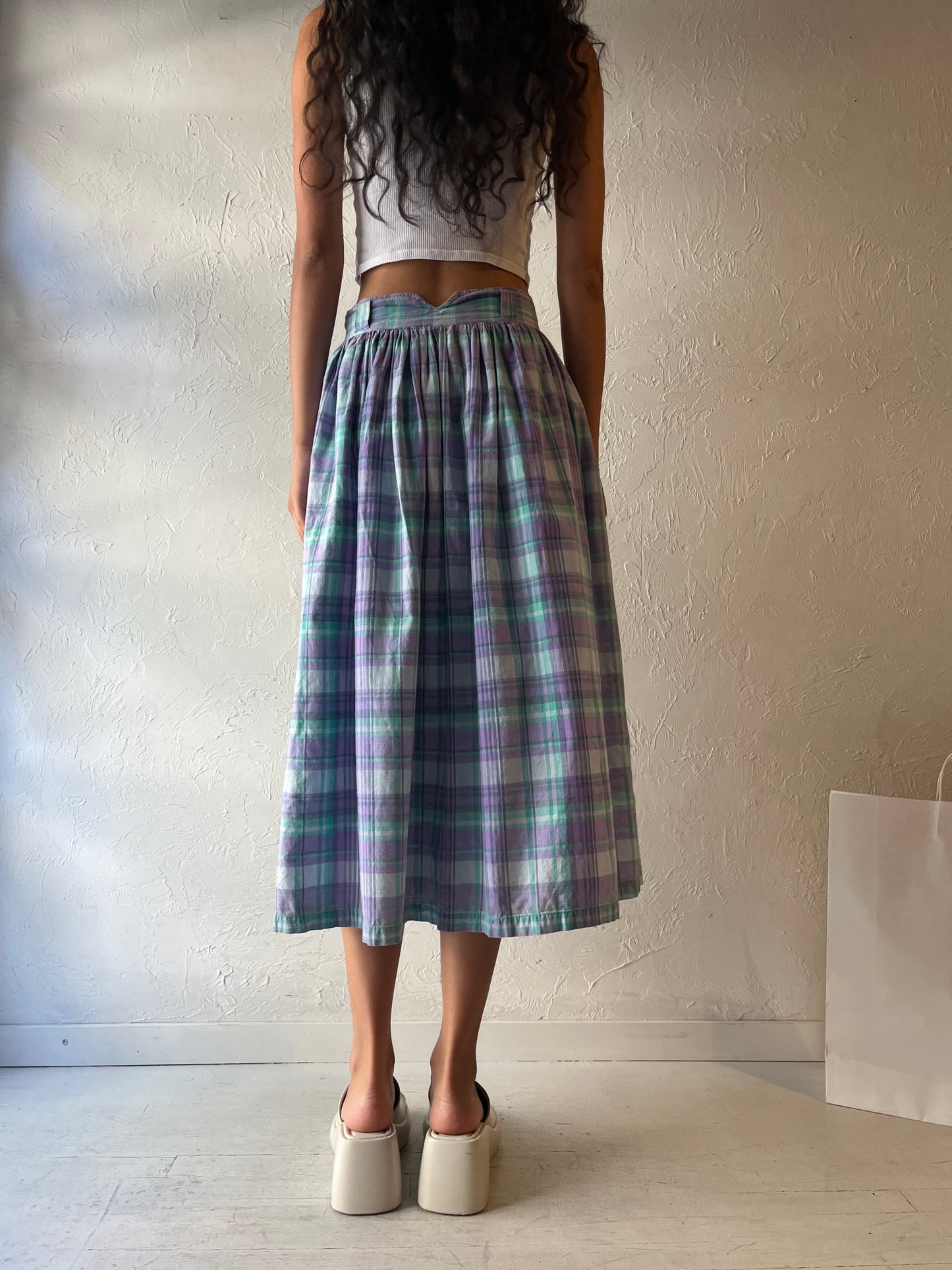 90s 'Southern Comforts' Plaid Cotton Midi Skirt / Small - Medium