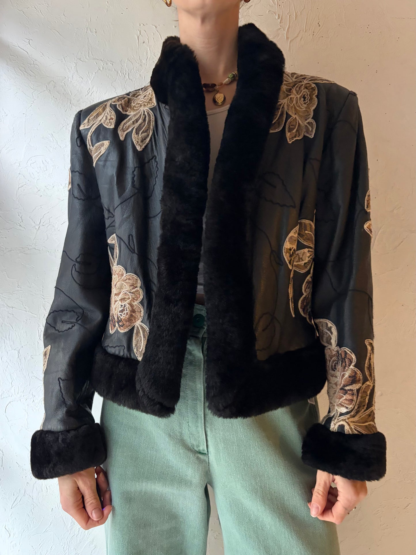 Vintage 'Wai Yin Chen' Embroidered Leather Jacket / Small