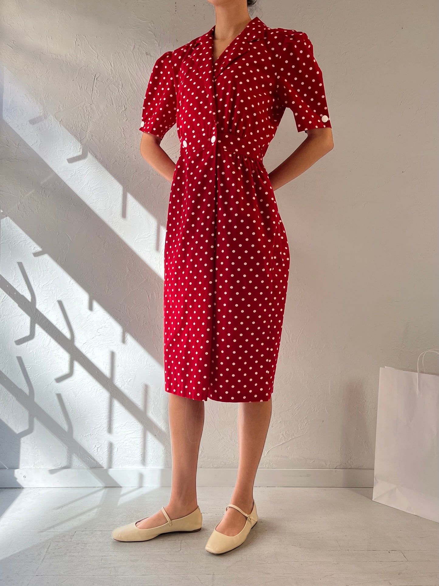 80s ‘Ronni Nicole’ Red Polka Dot Puff Sleeve Collared Dress / Medium