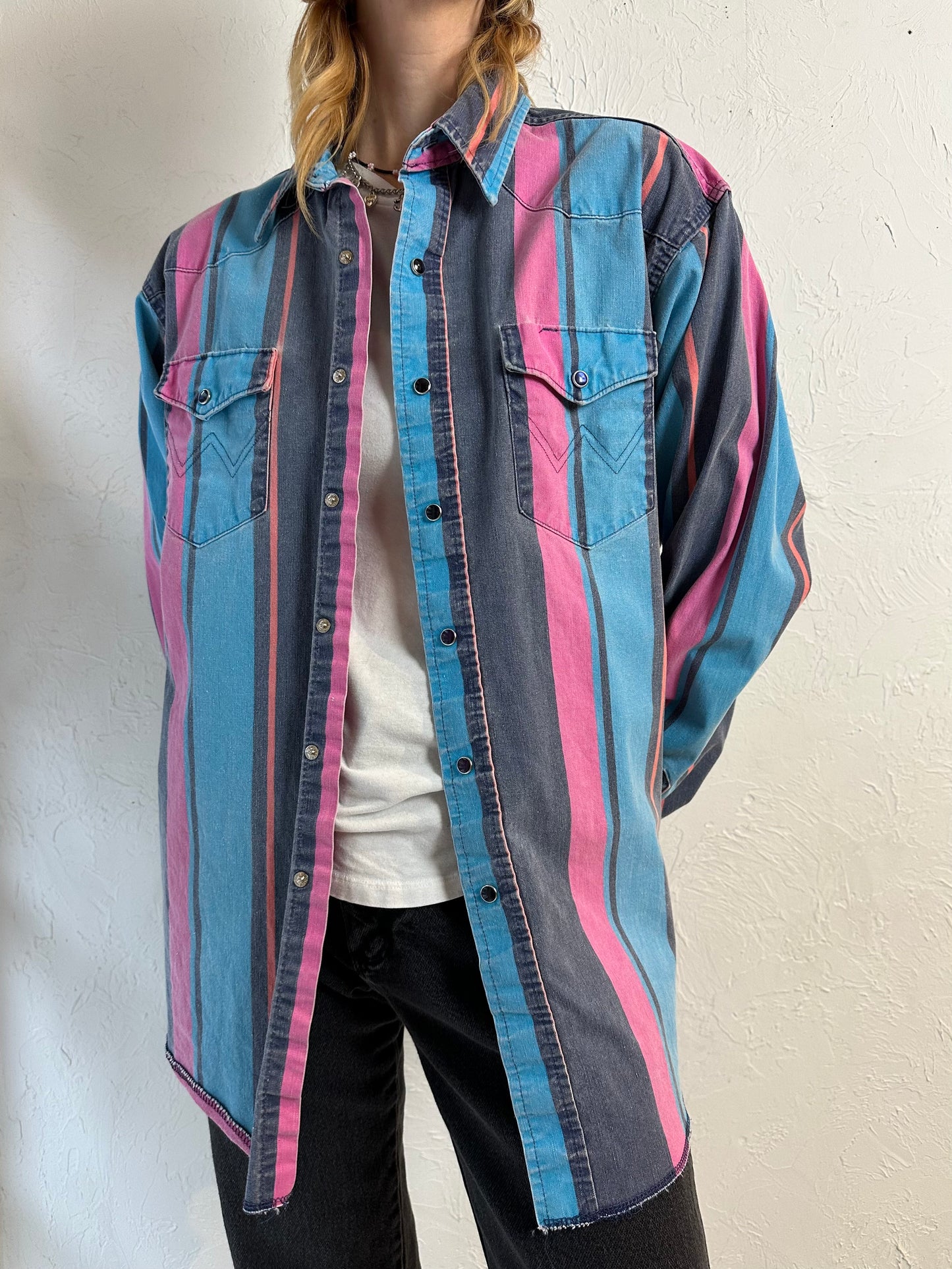 90s 'Wrangler' Striped Western Snap Up Shirt / Large