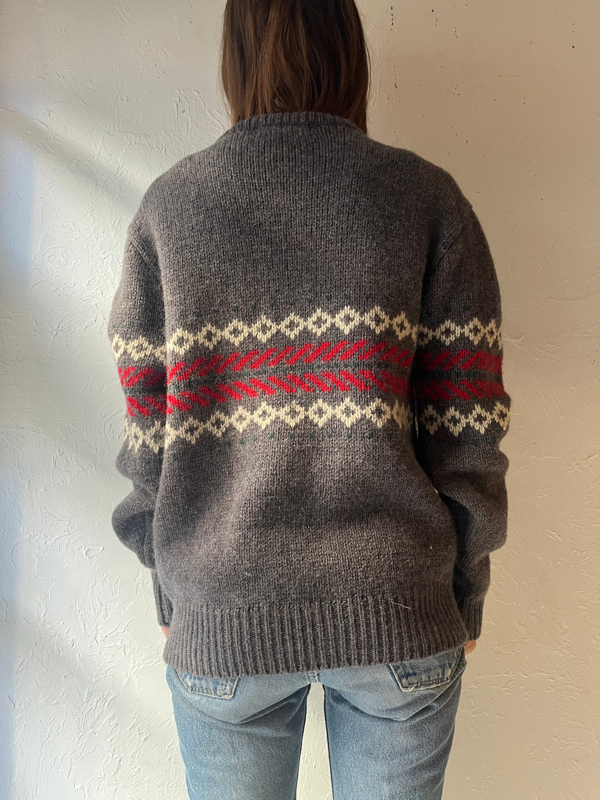 90s ‘Woodward’s Sportswear’ Grey Fair Isle Wool Nordic Ski Knit Pullover Crew Neck Sweater / Large