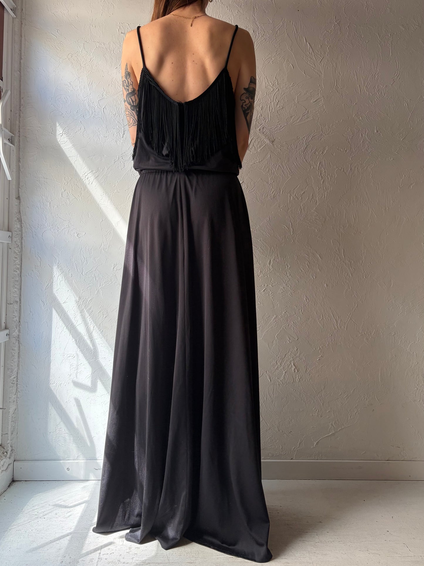 80s 'David Gilbert' Black Fringe Formal Maxi Dress / Large