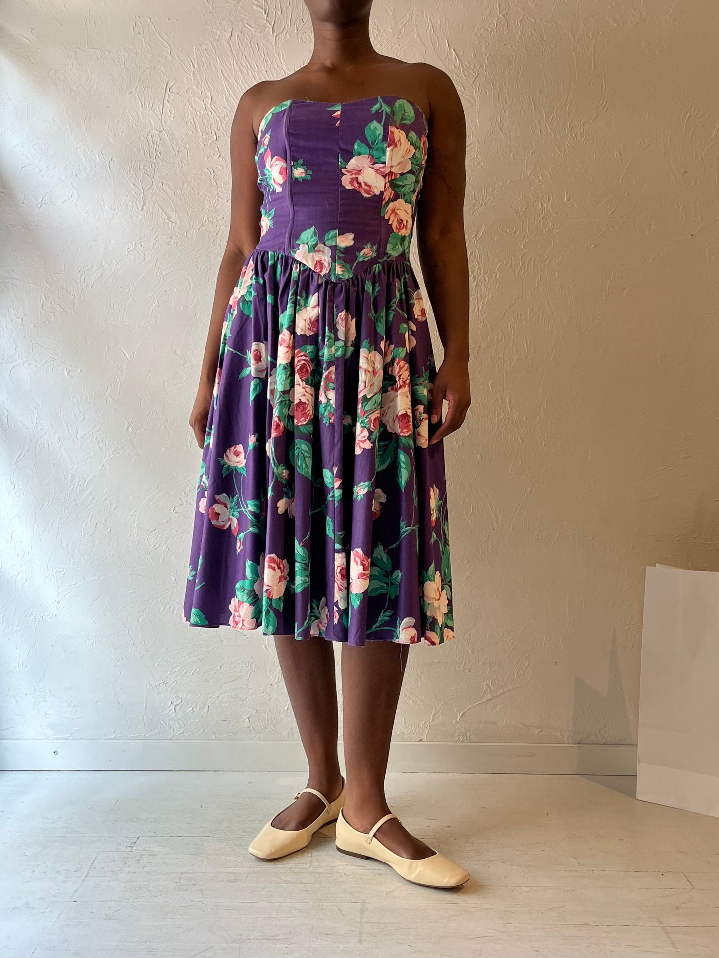 90s 'We Ltd' Purple Floral Print Strapless Dress / Small - Medium