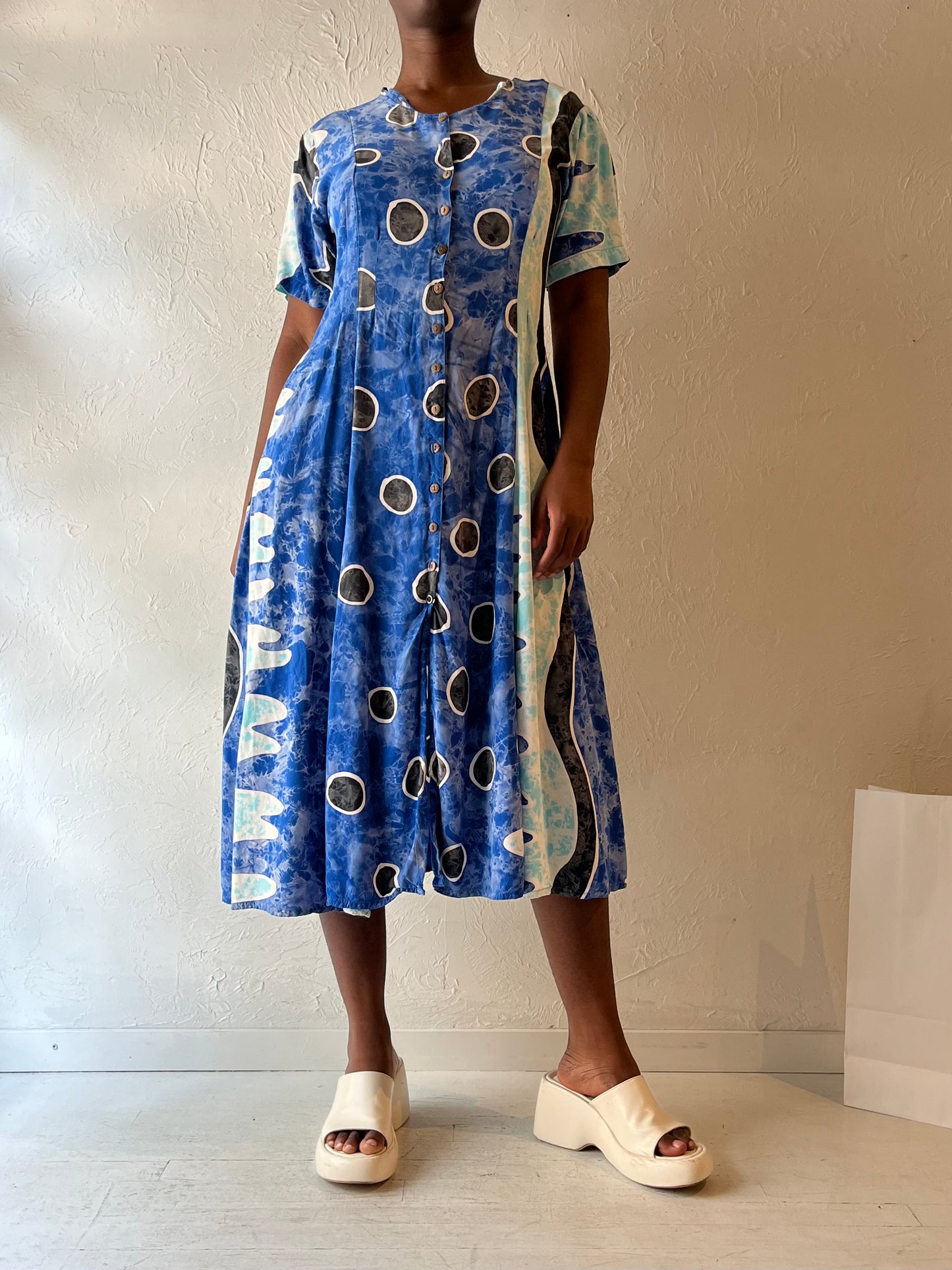 90s 'Yaya' Bue Patterned Rayon Dress / Small - Medium