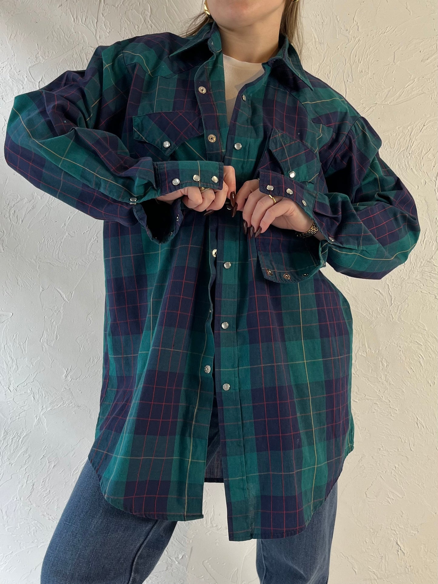 80s ‘MWG’ Plaid Western Pearl Snap Shirt / Medium