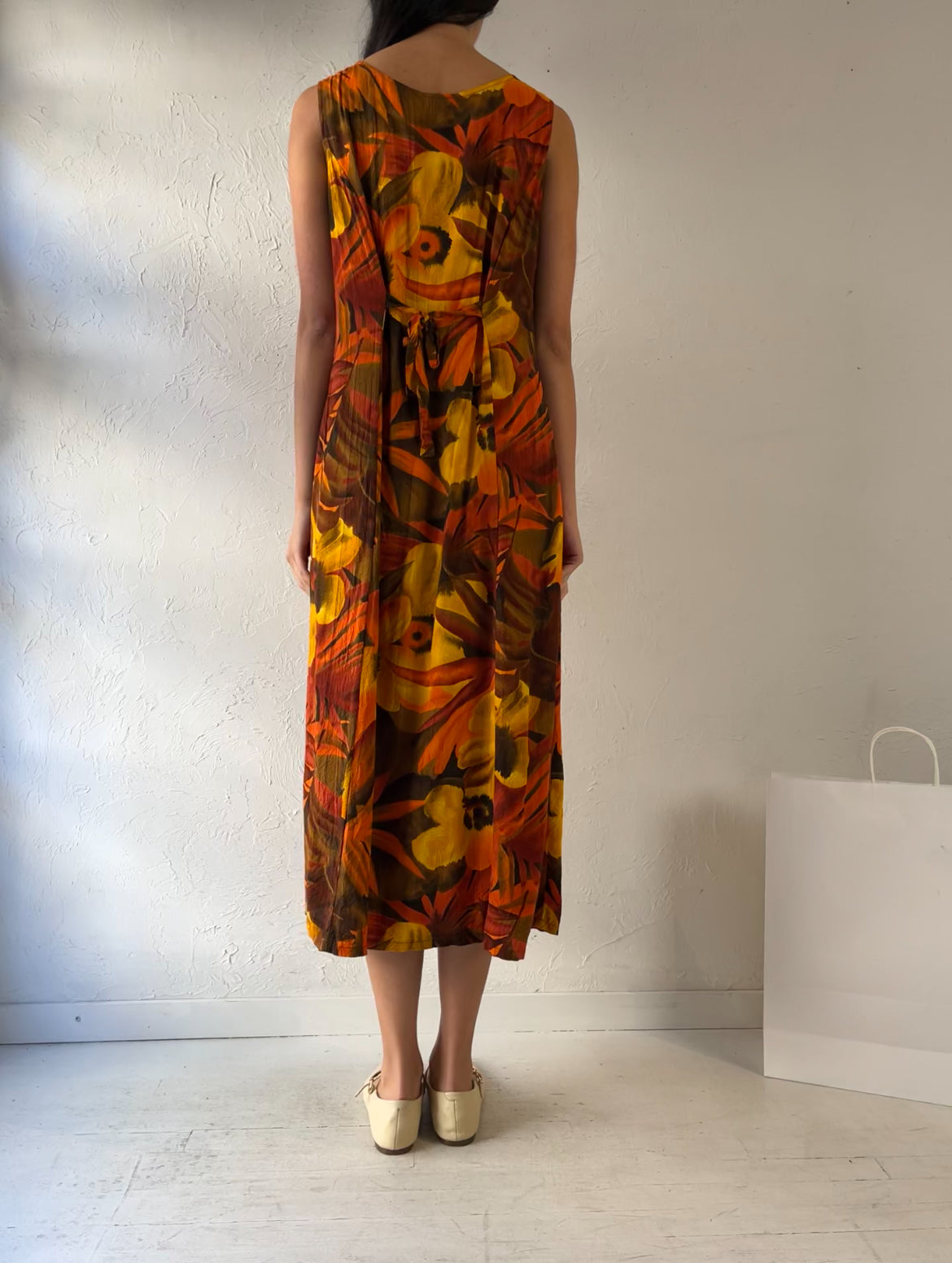 90s ‘Jams World’ Orange Floral Print Rayon Dress / Large