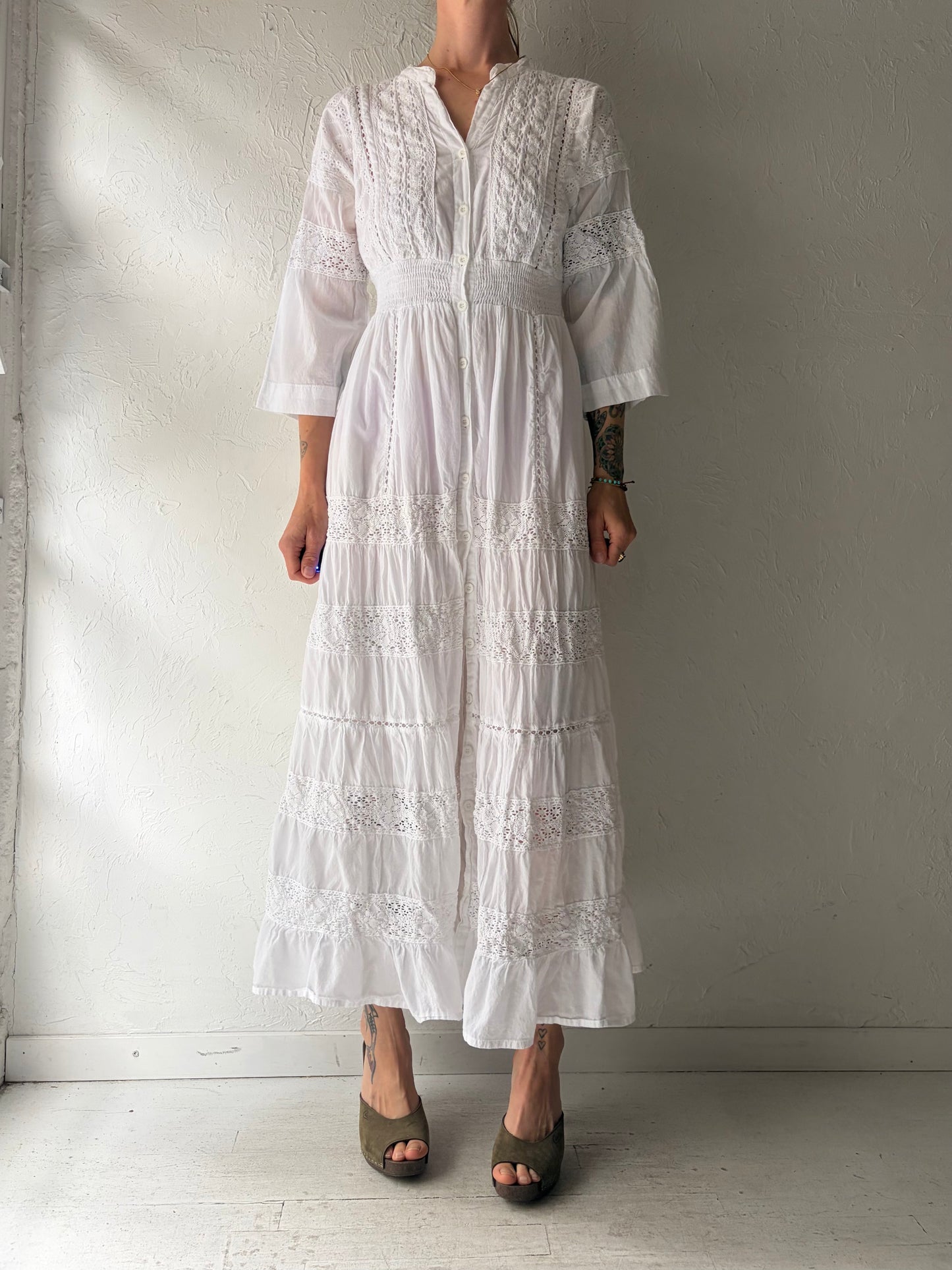 Vintage 'Magic' White Cotton Crochet Hippie Maxi Dress / Medium